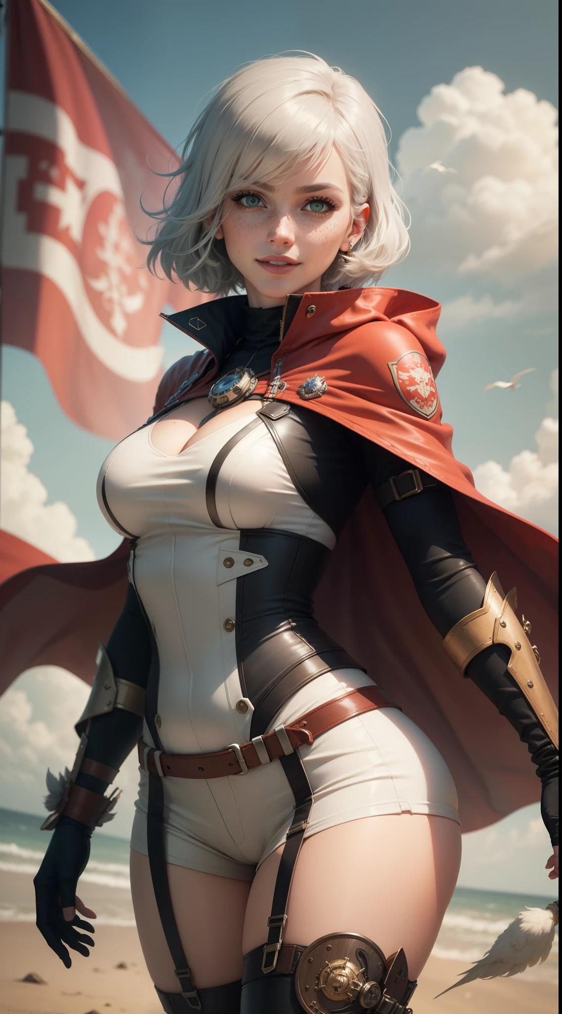 gwen tennyson,1girl,tracer,yorha 2b,y'shtola rhul,rebecca chambers,overwatch,atelier ryza,close up,flying castle view,tattoos,red and white plugsuit,white short sleeve knight top,steampunk embroidery pilot armor,tight lycra micro shorts,harness corset,short hair,princess makeup,green eyes,multicolored silver hair,long dress train,sexy smile,freckles,beautiful girl, thigh high pilot boots,large breasts,8k,ultra detailed,realistic,fantasy art,pilot uniform,hair pin,ear piercings,steampunk hand and neck jewelry,(weather:windy),long scarlet pilot cape,holding a war flag,feathers flying,