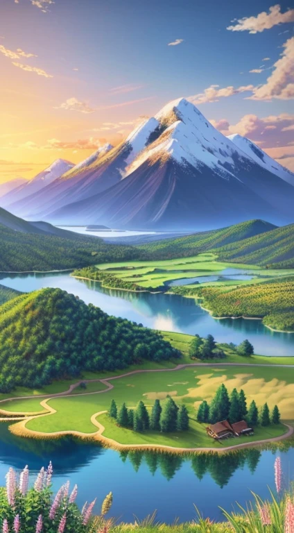 landscape,sunny blue  sky , some dramaticcloud , background  only  one mountain some bushes, a lake infront of it growing  lotus flowers , beside the grass & trees ,(extremely detailed CG unity 8k wallpaper), most beautiful artwork in the world,professional majestic oil painting,intricate, High Detail, Sharp focus, dramatic, photorealistic painting art
