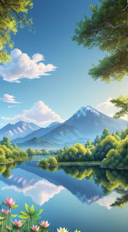 landscape,sunny blue  sky , some dramaticcloud , background  only  one mountain some bushes, a lake infront of it growing  lotus flowers , beside the grass & trees ,(extremely detailed CG unity 8k wallpaper), most beautiful artwork in the world,professional majestic oil painting,intricate, High Detail, Sharp focus, dramatic, photorealistic painting art