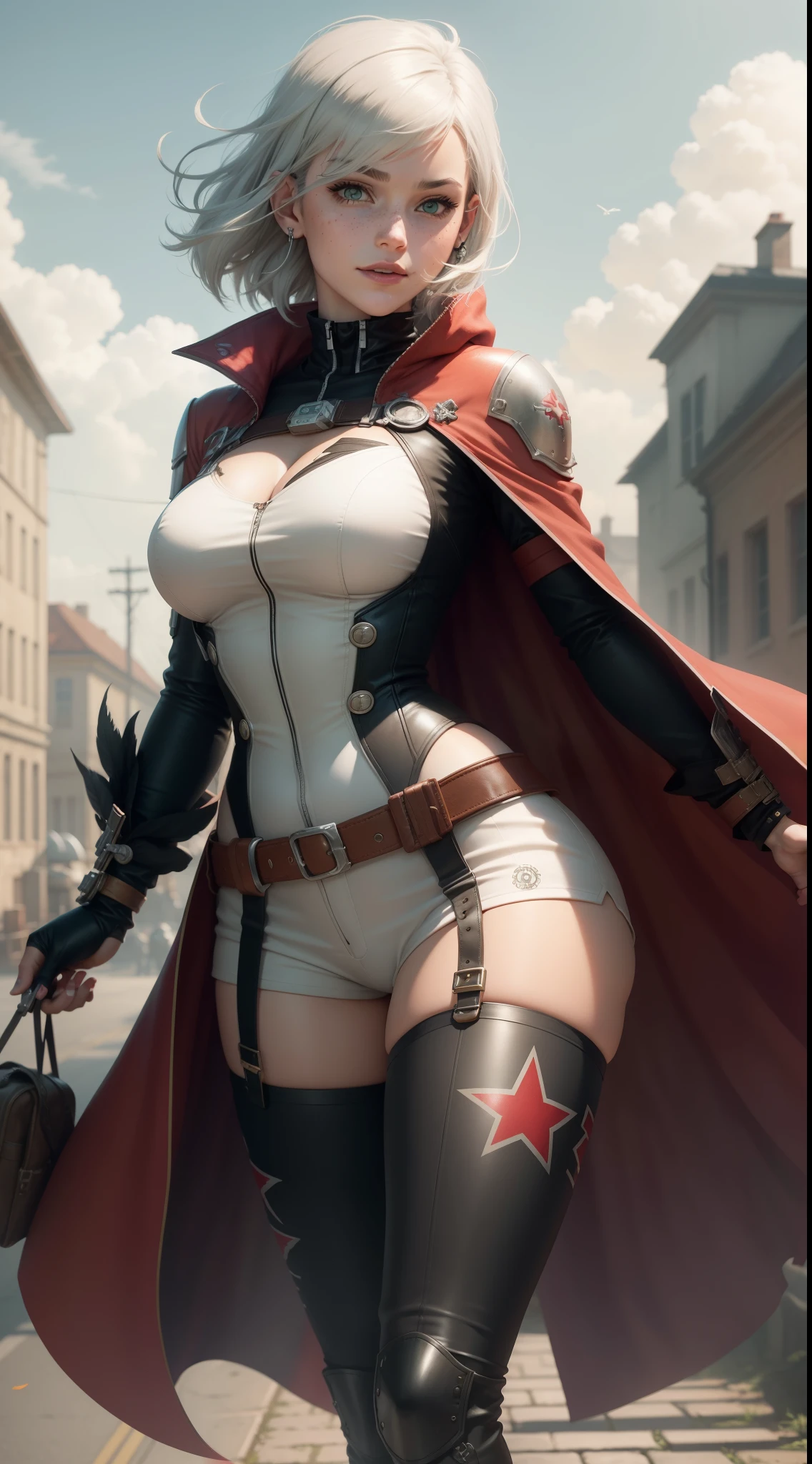 Furry woman braided hair breasts large body cape arm red choir athletic robot boot metal mask nsfw hairy