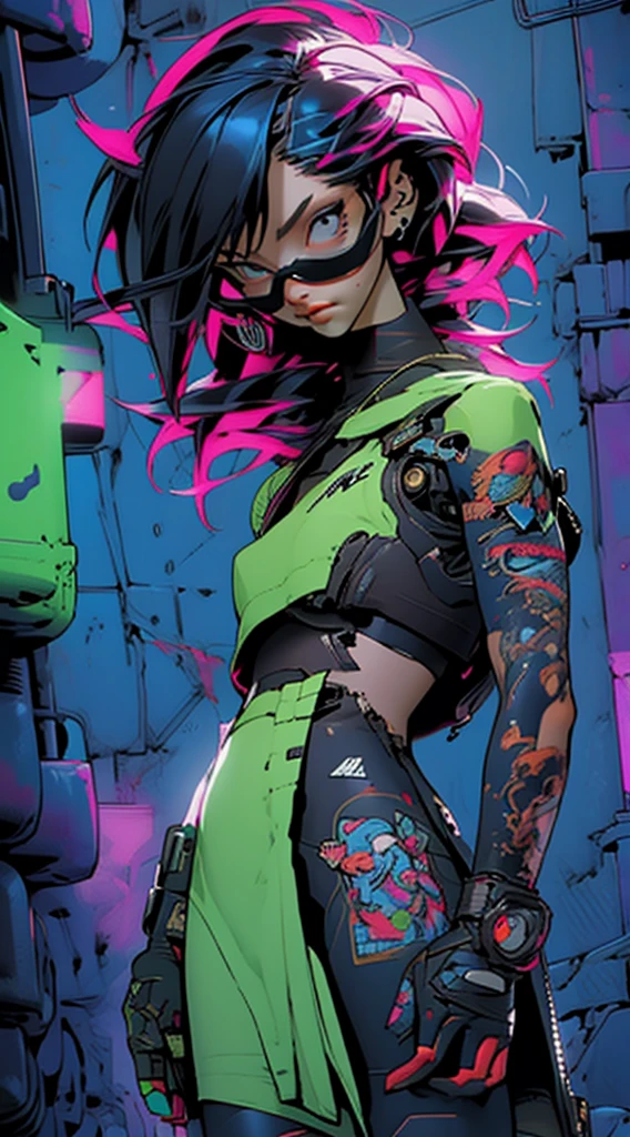 Color Portrait of a young girl, very sexy, modern style, comic book, cyberpunk, future, color fill, rich colors. Very graceful, standing half-turned, sporty posture, looking at the viewer. Tattoos on the body, fashionable short dresses, devices on the body. 2_The background depicts a majestic city of the future, an evening city, lights, illumination, and robots. 3_High image quality, 4K | Ultra HD | Full HD, cinematic comic book, 3D visualization_in comic book style - linear stroke, color fill, high-quality stroke - a masterpiece, TOP computer graphics ART. 8K, dark lighting, heavy shading. (vivid, anime, comic, creative, sharp focus, 8K). High detail of the drawing, lines, high-quality background (shades of cool tones, red, warm highlights, side lighting), Architecture, cyberpunk, futurism. Film grains, dust, and particles in the air.