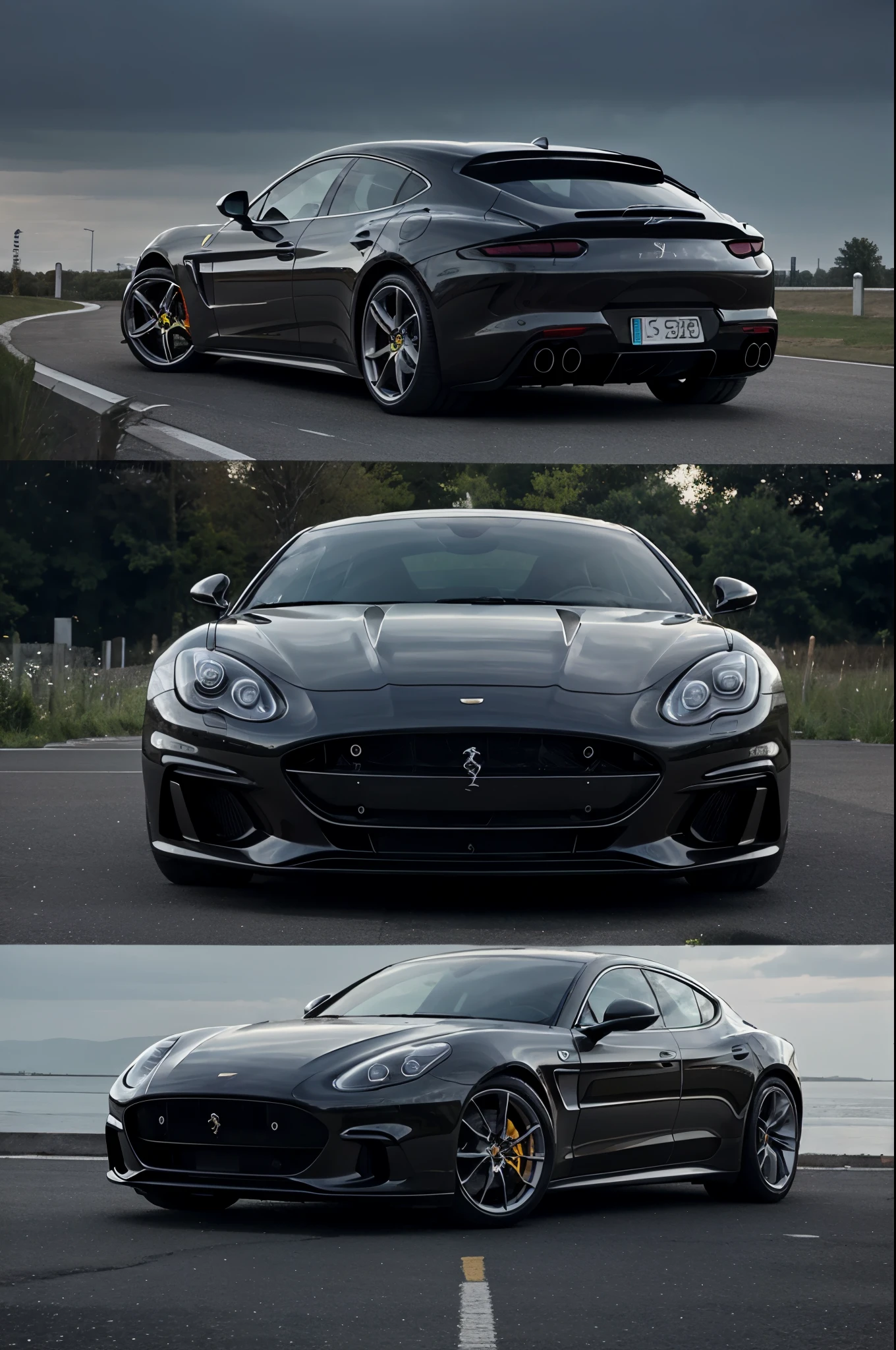 sedan concept car that combines styling from the ferrari roma, porsche panamera and aston martin db12 , digital art. Headlights are ferrari roma inspired, body work is porsche panamera inspired and rear view is aston martin inspired