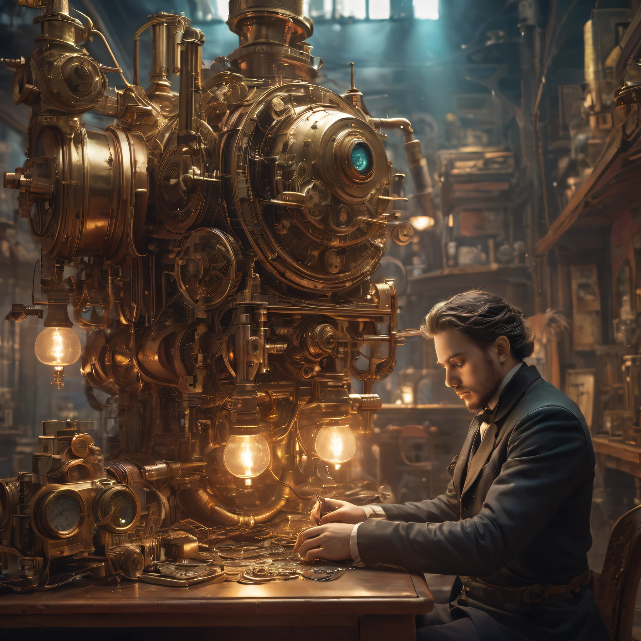 [Un artiste dans la trentaine, Style steampunk, créer un chef d&#39;oeuvre:1.2, utilisant des engrenages en laiton et des machines vintage, Dessins victoriens, Vibrant colors:1.1 et textures riches, surrounded by&#39;A machine with a vaporizer completely, Jetant a lumière chaleureuse sur the artist and son environment.] [The camera is on the table, on voit un pinceau dans sa main au premier plan]