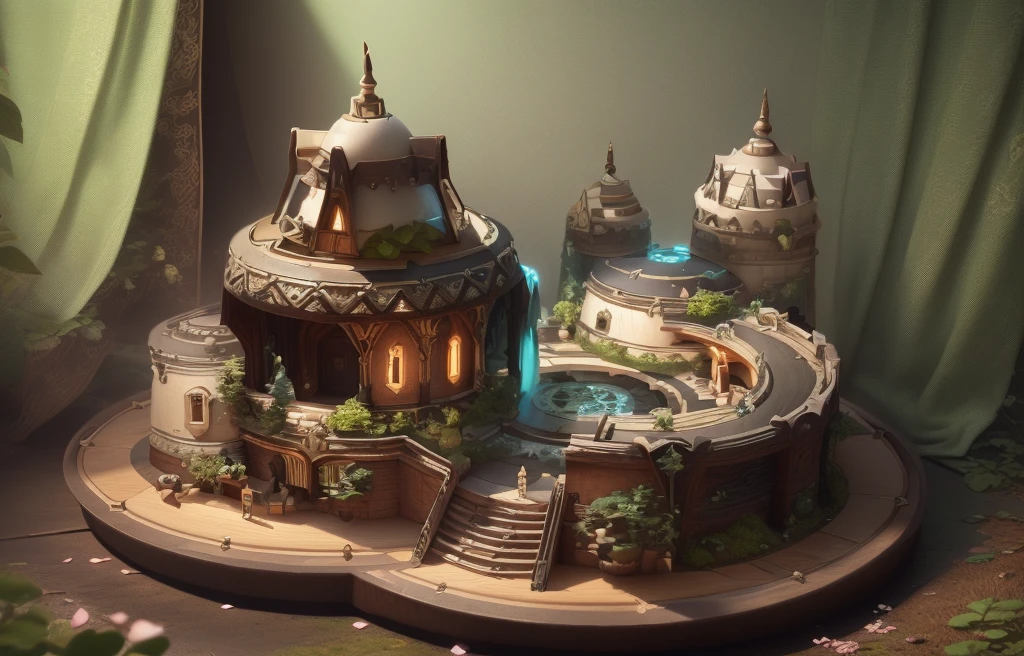 masterpiece, best quality, (extremely detailed CG unity 8k wallpaper), (best quality), (best illustration), (best shadow),（ A mushroom house covered with moss）,(((Fantasy))),(((spirit))),(((dew))),（timbo）,（creek）,firefly,clover,wtarlight surrounds the room，petal, isometric 3D, octane render,ray tracing,ultra detailed，