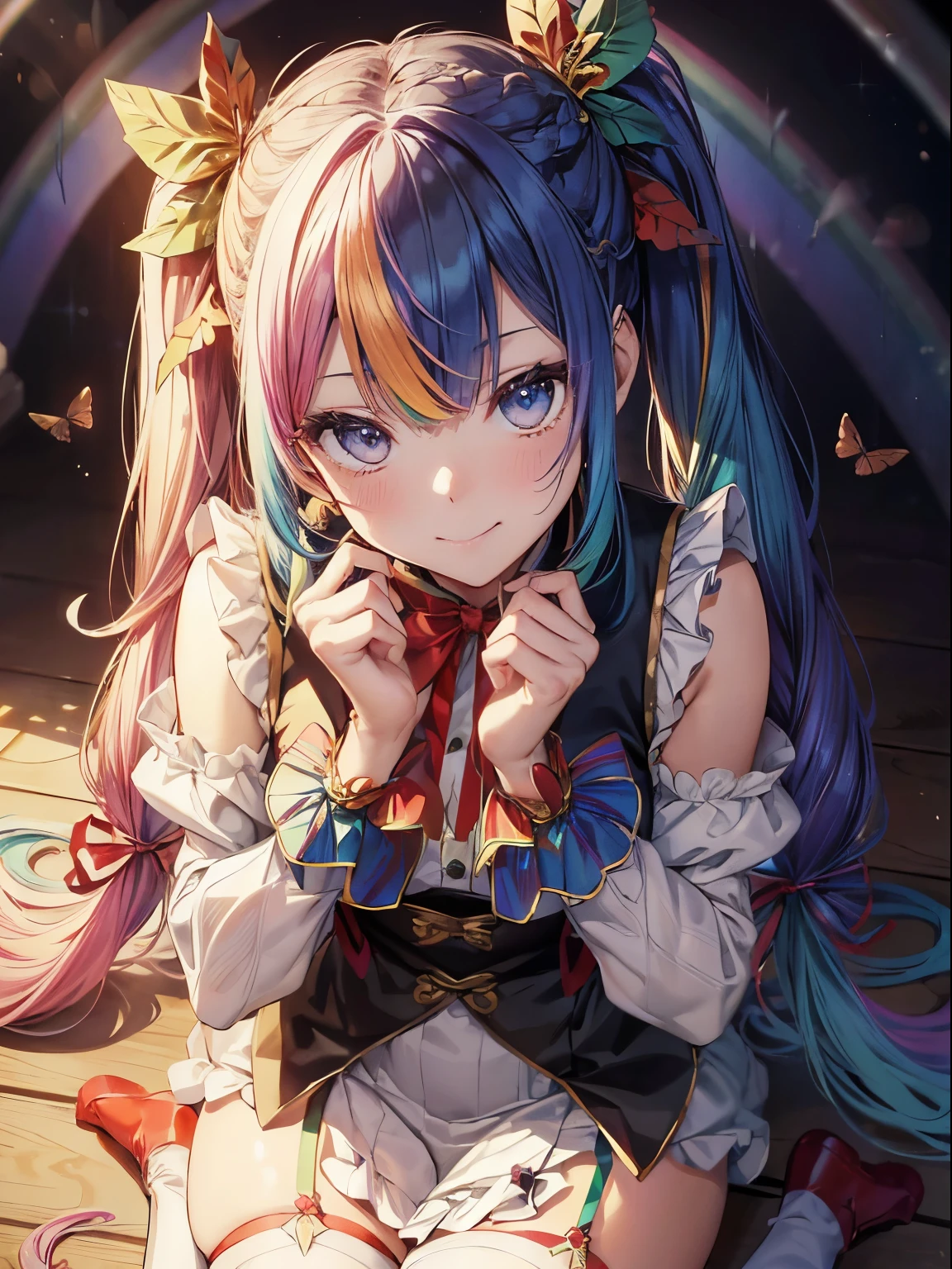 santaクロースのコスプレ、5 gift boxes、holding a present in both hands、santaのコスプレ、santaクロースの袋、Christmas、(masutepiece:1.3), (8K, Photorealistic, Raw photo, Best Quality: 1.4), Beautiful face, (Realistic face), Beautiful detailed eyes, (Realistic skin), Attractive, Intricate details,Golden ratio, 1 girl,Naughty smile, (rainbow hair:1.4),((Long twintails,Ribbon 1.4)),santa (Blue Butterfly Hair Ornament 1.3)、deliver a present、Dynamic Angle,Intricate details, Hyper realistic、A smile、Smiling、Strong face、the morning sun、Deitiesの光、Deities、Heaven、rainbows