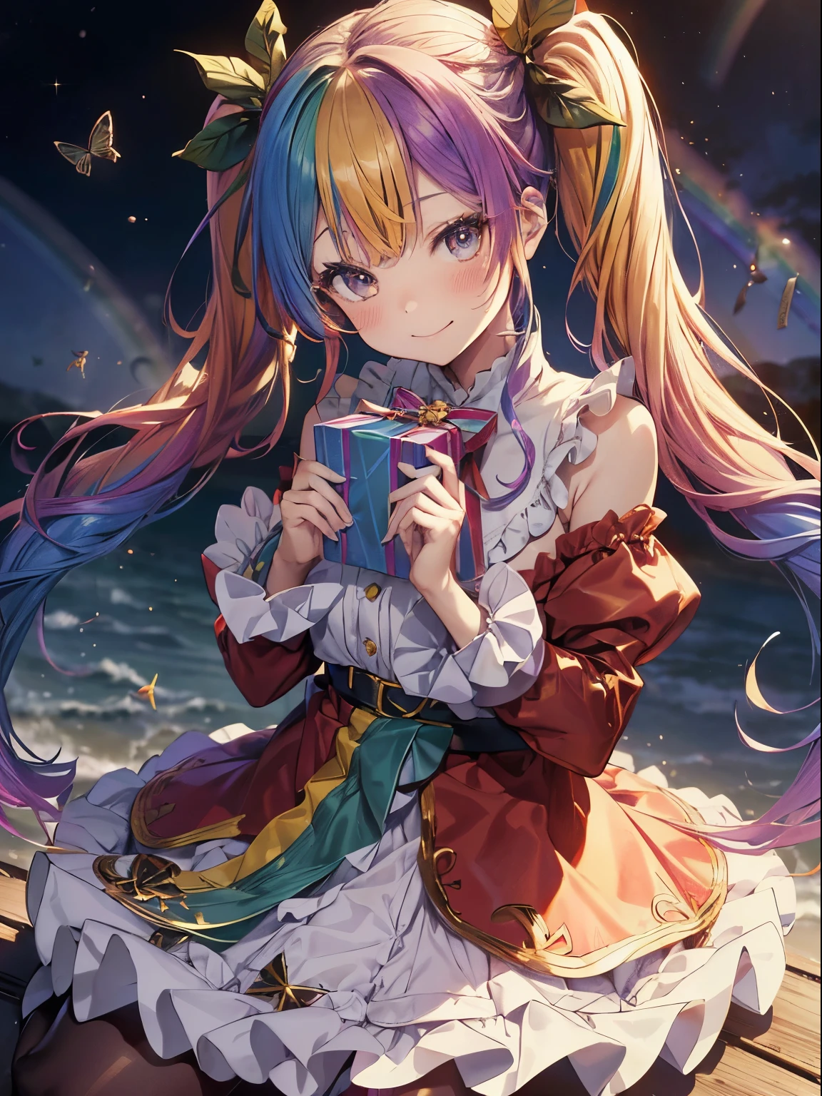 santaクロースのコスプレ、5 gift boxes、holding a present in both hands、santaのコスプレ、santaクロースの袋、Christmas、(masutepiece:1.3), (8K, Photorealistic, Raw photo, Best Quality: 1.4), Beautiful face, (Realistic face), Beautiful detailed eyes, (Realistic skin), Attractive, Intricate details,Golden ratio, 1 girl,Naughty smile, (rainbow hair:1.4),((Long twintails,Ribbon 1.4)),santa (Blue Butterfly Hair Ornament 1.3)、deliver a present、Dynamic Angle,Intricate details, Hyper realistic、A smile、Smiling、Strong face、the morning sun、Deitiesの光、Deities、Heaven、rainbows