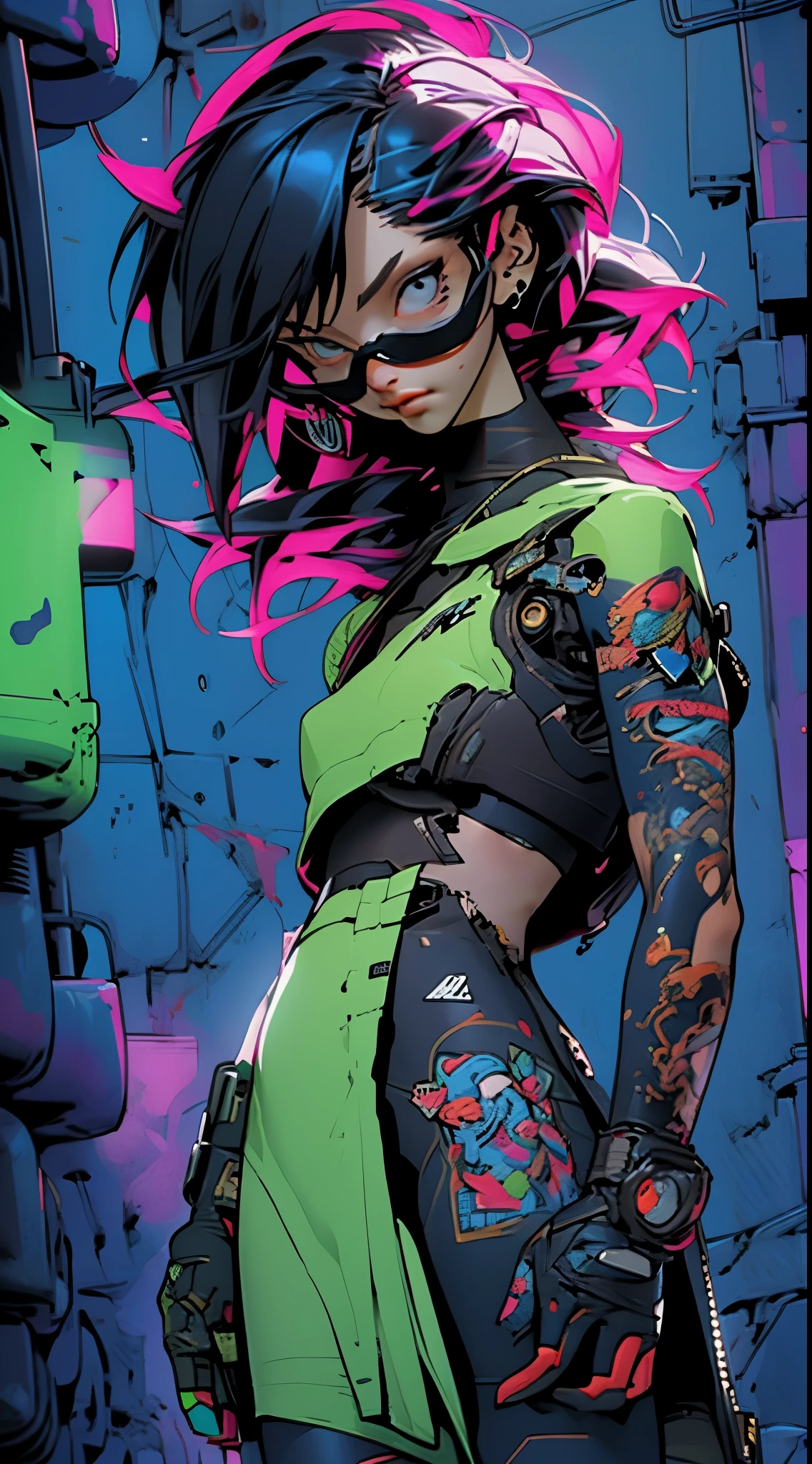 Color Portrait of a young girl, very sexy, modern style, comic book, cyberpunk, future, color fill, rich colors. Very graceful, standing half-turned, sporty posture, looking at the viewer. Tattoos on the body, fashionable short dresses, devices on the body. 2_The background depicts a majestic city of the future, an evening city, lights, illumination, and robots. 3_High image quality, 4K | Ultra HD | Full HD, cinematic comic book, 3D visualization_in comic book style - linear stroke, color fill, high-quality stroke - a masterpiece, TOP computer graphics ART. 8K, dark lighting, heavy shading. (vivid, anime, comic, creative, sharp focus, 8K). High detail of the drawing, lines, high-quality background (shades of cool tones, red, warm highlights, side lighting), Architecture, cyberpunk, futurism. Film grains, dust, and particles in the air.