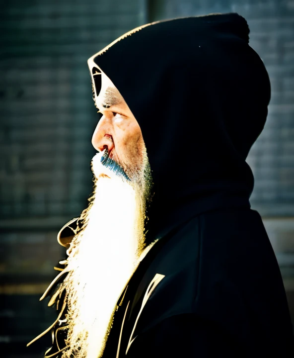 Rear view of an old man wearing a black hood、Angry、White beard、using magic、Wizard's Clothing