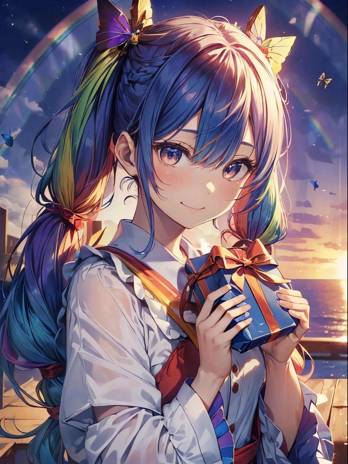 santaクロースのコスプレ、5 gift boxes、holding a present in both hands、santaのコスプレ、santaクロースの袋、Christmas、(masutepiece:1.3), (8K, Photorealistic, Raw photo, Best Quality: 1.4), Beautiful face, (Realistic face), Beautiful detailed eyes, (Realistic skin), Attractive, Intricate details,Golden ratio, 1 girl,Naughty smile, (rainbow hair:1.4),((Long twintails,Ribbon 1.4)),santa (Blue Butterfly Hair Ornament 1.3)、deliver a present、Dynamic Angle,Intricate details, Hyper realistic、A smile、Smiling、Strong face、the morning sun、Deitiesの光、Deities、Heaven、rainbows