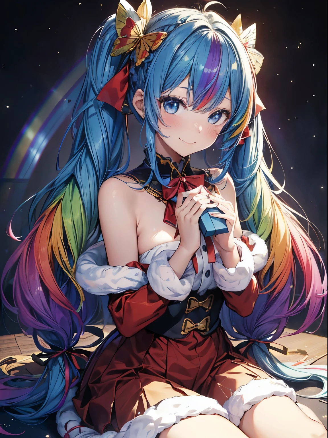 santaクロースのコスプレ、5 gift boxes、holding a present in both hands、santaのコスプレ、santaクロースの袋、Christmas、(masutepiece:1.3), (8K, Photorealistic, Raw photo, Best Quality: 1.4), Beautiful face, (Realistic face), Beautiful detailed eyes, (Realistic skin), Attractive, Intricate details,Golden ratio, 1 girl,Naughty smile, (rainbow hair:1.4),((Long twintails,Ribbon 1.4)),santa (Blue Butterfly Hair Ornament 1.3)、deliver a present、Dynamic Angle,Intricate details, Hyper realistic、A smile、Smiling、Strong face、the morning sun、Deitiesの光、Deities、Heaven、rainbows