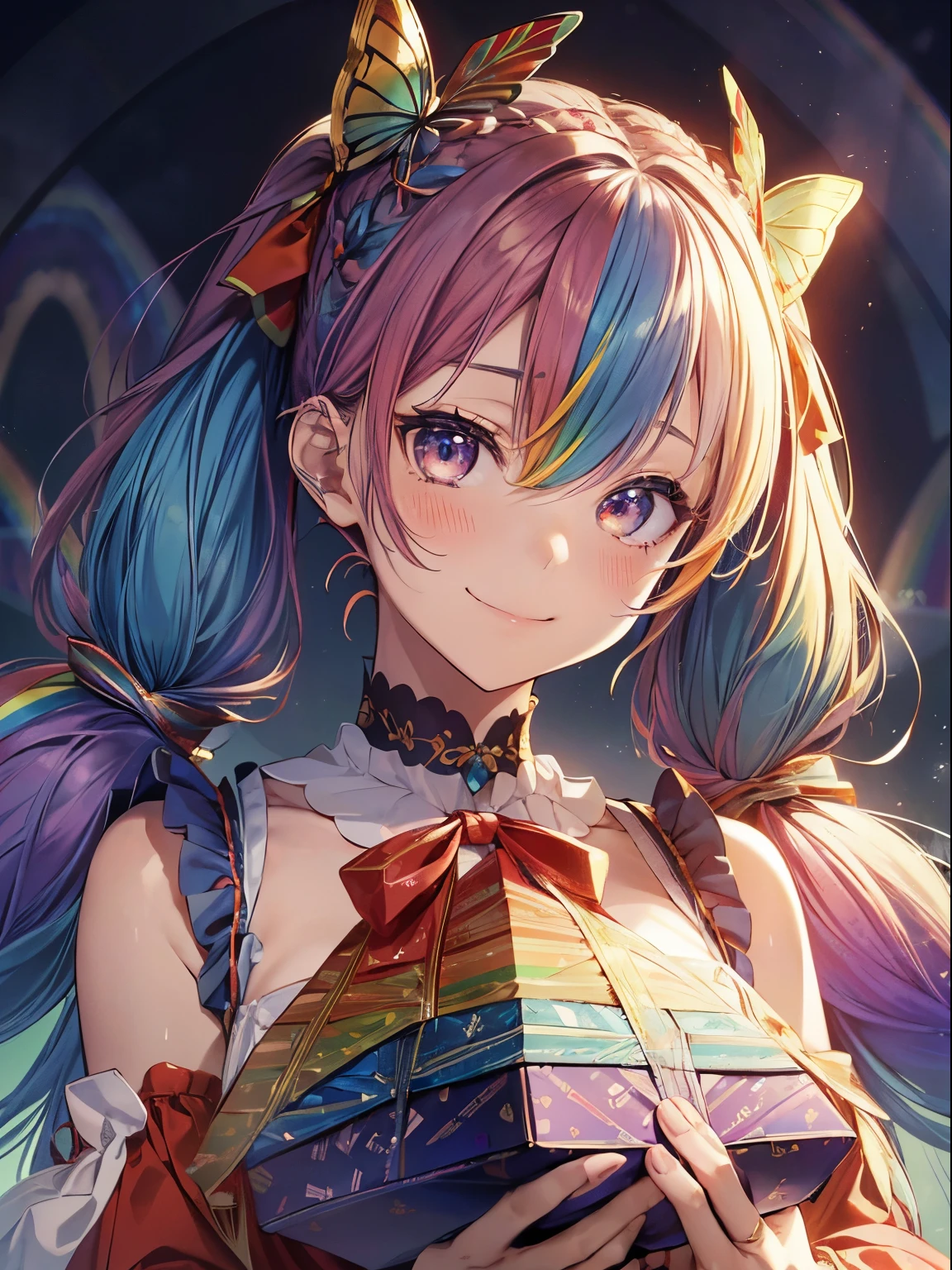 santaクロースのコスプレ、5 gift boxes、holding a present in both hands、santaのコスプレ、santaクロースの袋、Christmas、(masutepiece:1.3), (8K, Photorealistic, Raw photo, Best Quality: 1.4), Beautiful face, (Realistic face), Beautiful detailed eyes, (Realistic skin), Attractive, Intricate details,Golden ratio, 1 girl,Naughty smile, (rainbow hair:1.4),((Long twintails,Ribbon 1.4)),santa (Blue Butterfly Hair Ornament 1.3)、deliver a present、Dynamic Angle,Intricate details, Hyper realistic、A smile、Smiling、Strong face、the morning sun、Deitiesの光、Deities、Heaven、rainbows