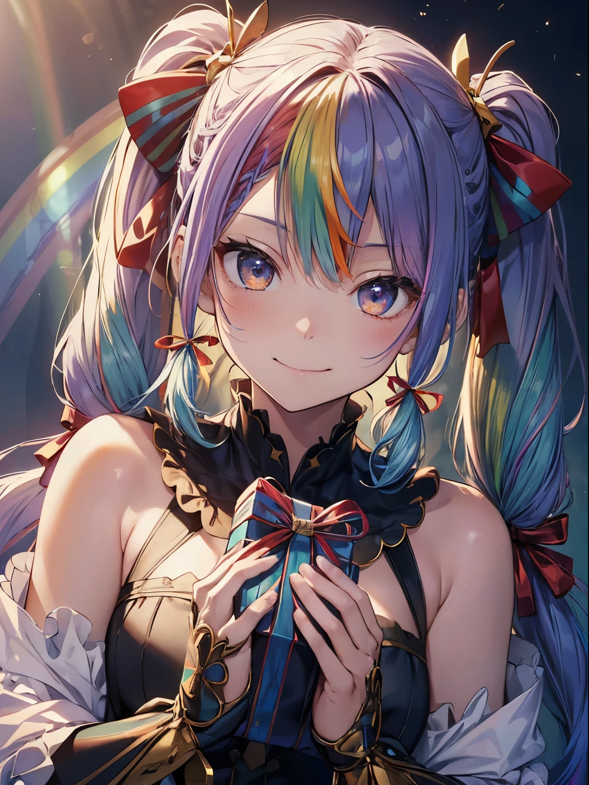santaクロースのコスプレ、5 gift boxes、holding a present in both hands、santaのコスプレ、santaクロースの袋、Christmas、(masutepiece:1.3), (8K, Photorealistic, Raw photo, Best Quality: 1.4), Beautiful face, (Realistic face), Beautiful detailed eyes, (Realistic skin), Attractive, Intricate details,Golden ratio, 1 girl,Naughty smile, (rainbow hair:1.4),((Long twintails,Ribbon 1.4)),santa (Blue Butterfly Hair Ornament 1.3)、deliver a present、Dynamic Angle,Intricate details, Hyper realistic、A smile、Smiling、Strong face、the morning sun、Deitiesの光、Deities、Heaven、rainbows