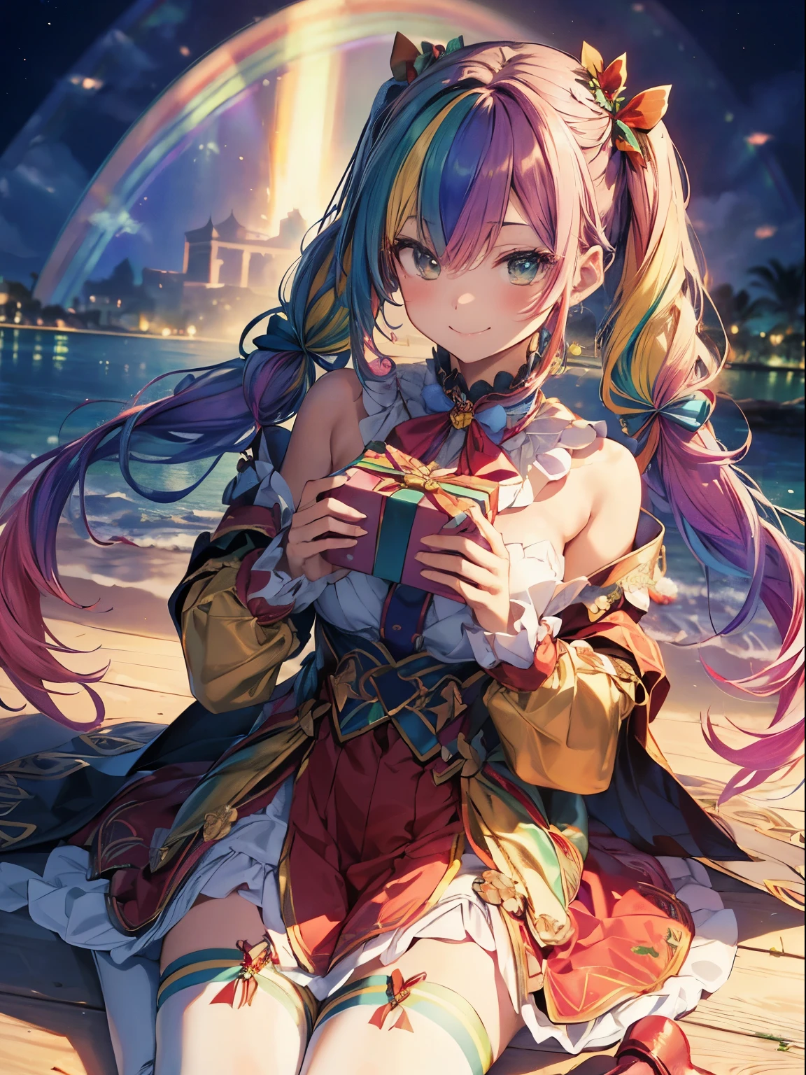 santaクロースのコスプレ、5 gift boxes、holding a present in both hands、santaのコスプレ、santaクロースの袋、Christmas、(masutepiece:1.3), (8K, Photorealistic, Raw photo, Best Quality: 1.4), Beautiful face, (Realistic face), Beautiful detailed eyes, (Realistic skin), Attractive, Intricate details,Golden ratio, 1 girl,Naughty smile, (rainbow hair:1.4),((Long twintails,Ribbon 1.4)),santa (Blue Butterfly Hair Ornament 1.3)、deliver a present、Dynamic Angle,Intricate details, Hyper realistic、A smile、Smiling、Strong face、the morning sun、Deitiesの光、Deities、Heaven、rainbows