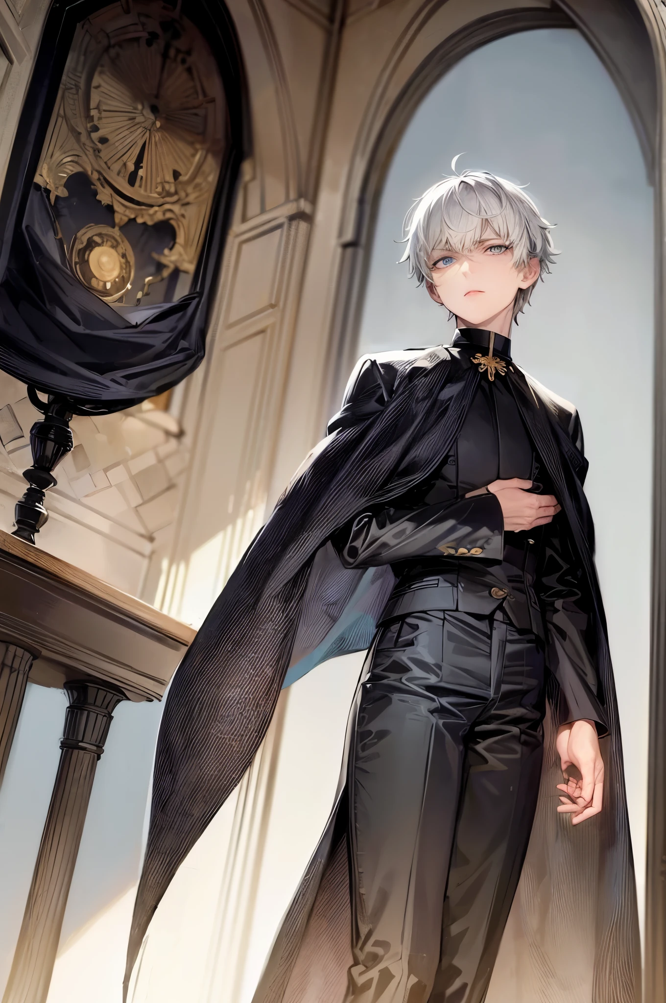(flat color:1.1),(masterpiece:1.2), best quality, masterpiece, original,short white hair, ( male:1.2),(dark eye bags:1.2), mature yet tired handsome man, wearing a priest outfit