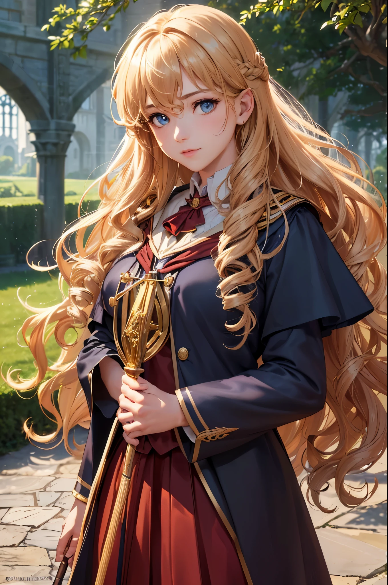 (best quality,4k,8k,highres,masterpiece:1.2), ultra-detailed, (realistic,photorealistic,photo-realistic:1.37), portraits,girl, long hair, (((curly hair))), messy hair, (((golden hair))), (ultramarine blue eyes), (big chest), curvy body (medium:1.1),(((gryffindor uniform:1.1)))), (((hogwarts uniform))) vibrant colors, soft lighting, enchanting background, mysterious atmosphere, magical feel, greenery, flowers, vintage aesthetics, curly smoke, flowing wind, dreamy appearance, magical wand, confident posture, captivating gaze