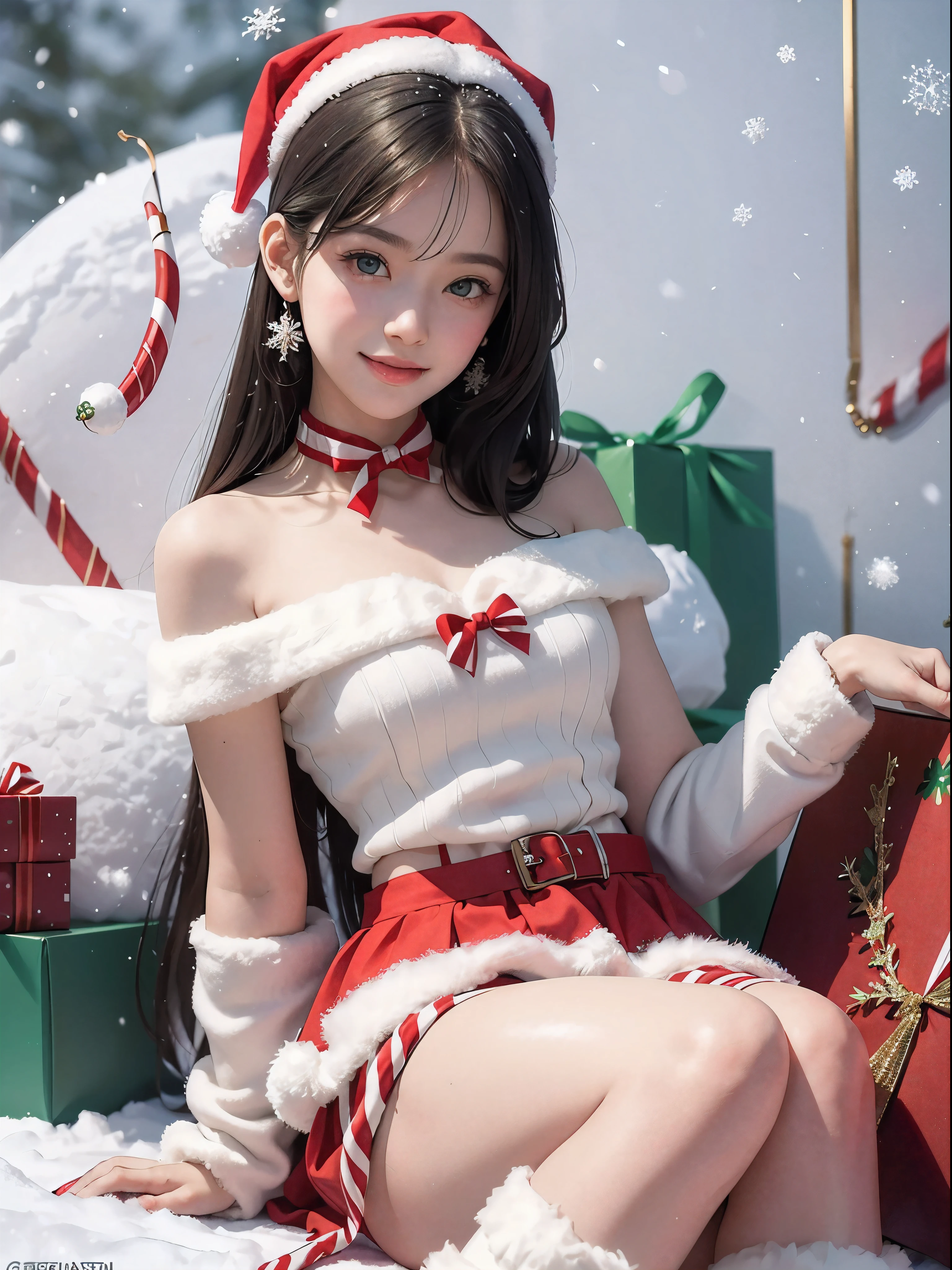 (Realistic:1.8), (Digital art:0.2), (Geometrical art, official art, beautiful and aesthetic, ultra detailed, beautiful, masterpiece, best quality:1.6), (1girl:1.2), Detailed face, Detailed eyes, Detailed hair, young fingers, Detailed fingers, five fingers, sitting,
_
BREAK cute ig model, Japanese cute model, 22 years old, Tightened all body, small head, small face, small mouth, diamond Face, small nose, Sharp Faceline, (dropy eyes, Double eyelid, Light color eyes, Glossy eyes, Shiny eyes:1.2), Shiny skin, shiny hair, BLACK hair,
_
BREAK (happy, smile, Teeth, Glossy Lipeautiful Teeth, (upper body:1.5), from front,
_
BREAK (Cute Christmas theme:1.2), (fluffy Santa hat with ribbon:1.2), (adorable red and white candy cane-striped off-shoulder top:1.2), (short length green pleated skirt with subtle snowflake patterns:1.2), (festive knee-high socks with small bows:1.2), (festive red and green ankle boots:1.2), BREAK (sparkling snowfall background:1.2), (joyful expression:1.2), (holding a cute gift box with a big bow:1.2), (gentle snow breeze:1.2),