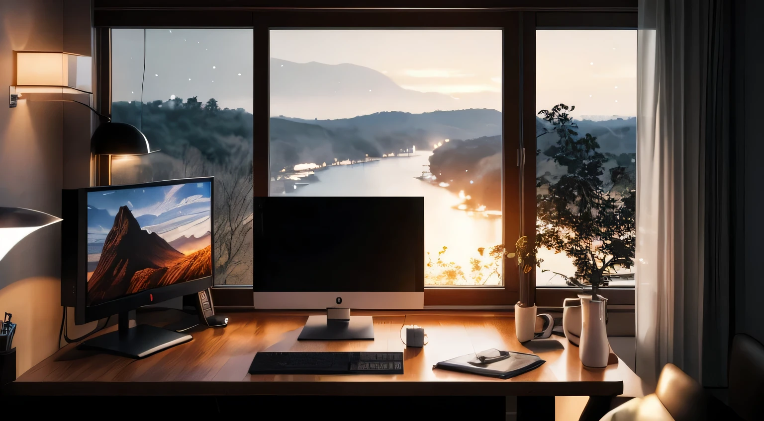 Sala de estudo. linda mesa de computador. Monitor com imagem de bela natureza. The office is softly lit. Pela janela o espectador pode ver a beleza tranquila da noite nevando, hiper-realismo, Cinematic lighting, UHD, Super Detalhe, Detalhes altos, alta qualidade, best quality, 4k.