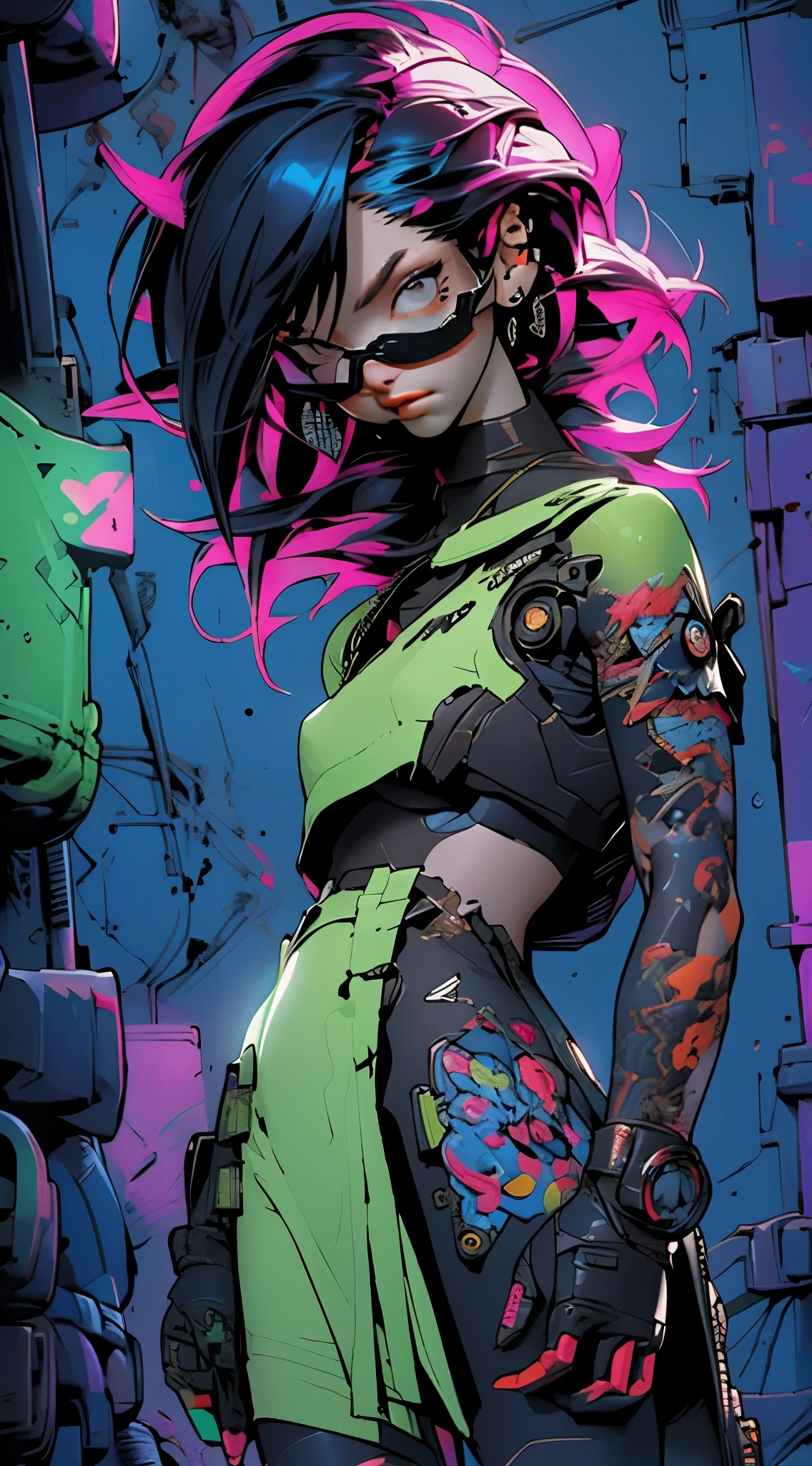 Color Portrait of a young girl, very sexy, modern style, comic book, cyberpunk, future, color fill, rich colors. Very graceful, standing half-turned, sporty posture, looking at the viewer. Tattoos on the body, fashionable short dresses, devices on the body. 2_The background depicts a majestic city of the future, an evening city, lights, illumination, and robots. 3_High image quality, 4K | Ultra HD | Full HD, cinematic comic book, 3D visualization_in comic book style - linear stroke, color fill, high-quality stroke - a masterpiece, TOP computer graphics ART. 8K, dark lighting, heavy shading. (vivid, anime, comic, creative, sharp focus, 8K). High detail of the drawing, lines, high-quality background (shades of cool tones, red, warm highlights, side lighting), Architecture, cyberpunk, futurism. Film grains, dust, and particles in the air.