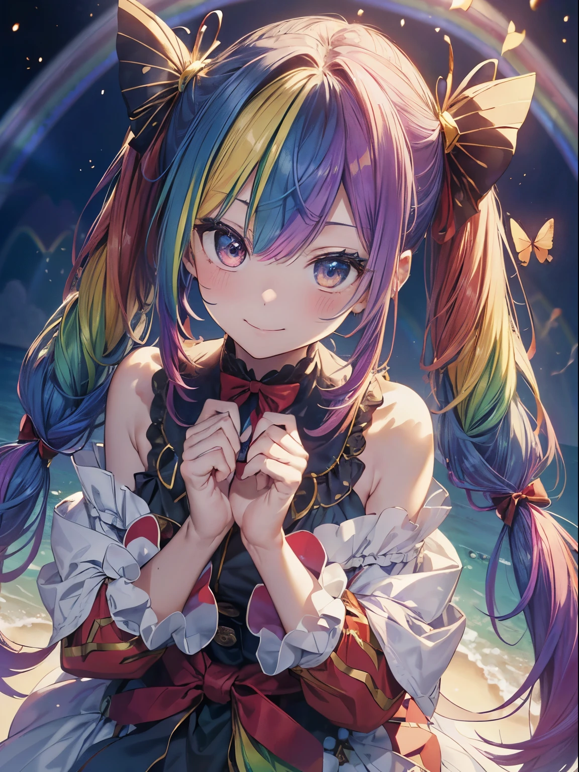 santaクロースのコスプレ、5 gift boxes、holding a present in both hands、santaのコスプレ、santaクロースの袋、Christmas、(masutepiece:1.3), (8K, Photorealistic, Raw photo, Best Quality: 1.4), Beautiful face, (Realistic face), Beautiful detailed eyes, (Realistic skin), Attractive, Intricate details,Golden ratio, 1 girl,Naughty smile, (rainbow hair:1.4),((Long twintails,Ribbon 1.4)),santa (Blue Butterfly Hair Ornament 1.3)、deliver a present、Dynamic Angle,Intricate details, Hyper realistic、A smile、Smiling、Strong face、the morning sun、Deitiesの光、Deities、Heaven、rainbows