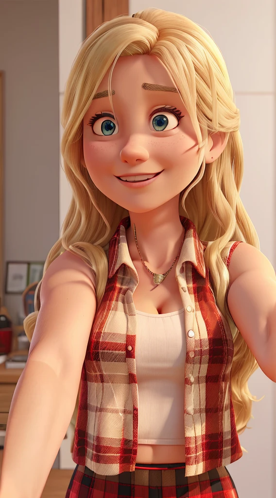 Older blonde woman in a red and white checkered top taking a selfie flannel no sleeves crop top, big captivating ocean blue eyes, busty chest, age 40, late - 40s aged, 8k selfie photograph, wearing a red plaid dress, 40 yo, wearing a plaid shirt, mid - 30 s aged, wearing plaid shirt, wearing a red lumberjack shirt, selfie shot straight on angle, iphone selfie, big breasts