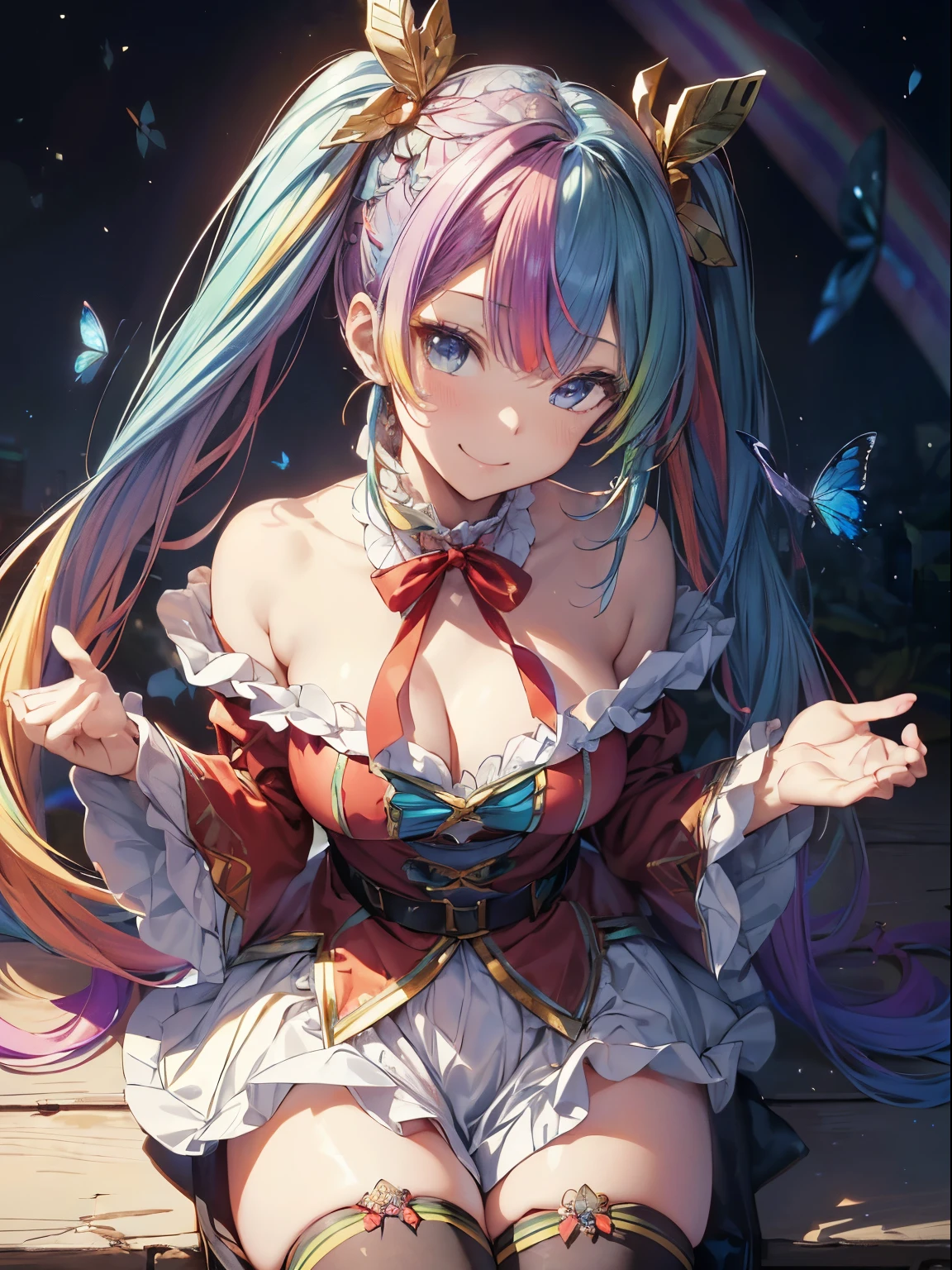 santaクロースのコスプレ、5 gift boxes、holding a present in both hands、santaのコスプレ、santaクロースの袋、Christmas、(masutepiece:1.3), (8K, Photorealistic, Raw photo, Best Quality: 1.4), Beautiful face, (Realistic face), Beautiful detailed eyes, (Realistic skin), Attractive, Intricate details,Golden ratio, 1 girl,Naughty smile, (rainbow hair:1.4),((Long twintails,Ribbon 1.4)),santa (Blue Butterfly Hair Ornament 1.3)、deliver a present、Dynamic Angle,Intricate details, Hyper realistic、A smile、Smiling、Strong face、the morning sun、Deitiesの光、Deities、Heaven、rainbows