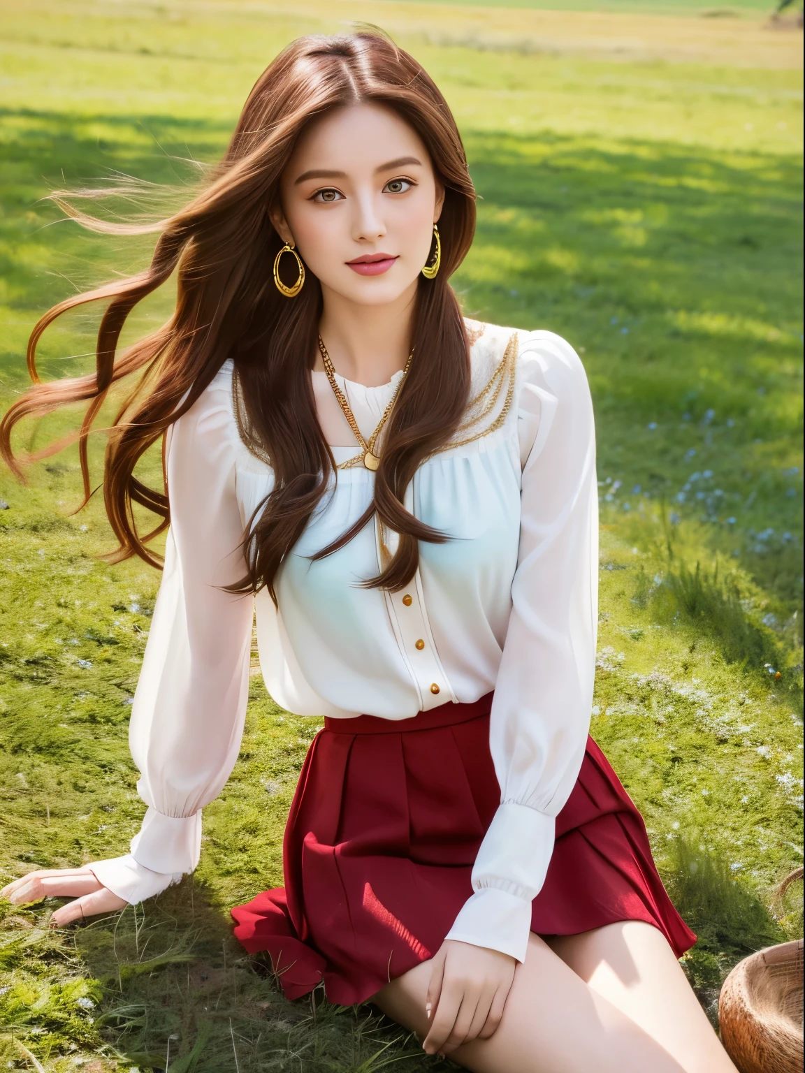 Ultra high-definition images,maroon eyes、gypsy with chestnut hair, White blouse with gold medal and red skirt with ruffles, seashell necklace.The background is a majestic grassland and blue sky.,