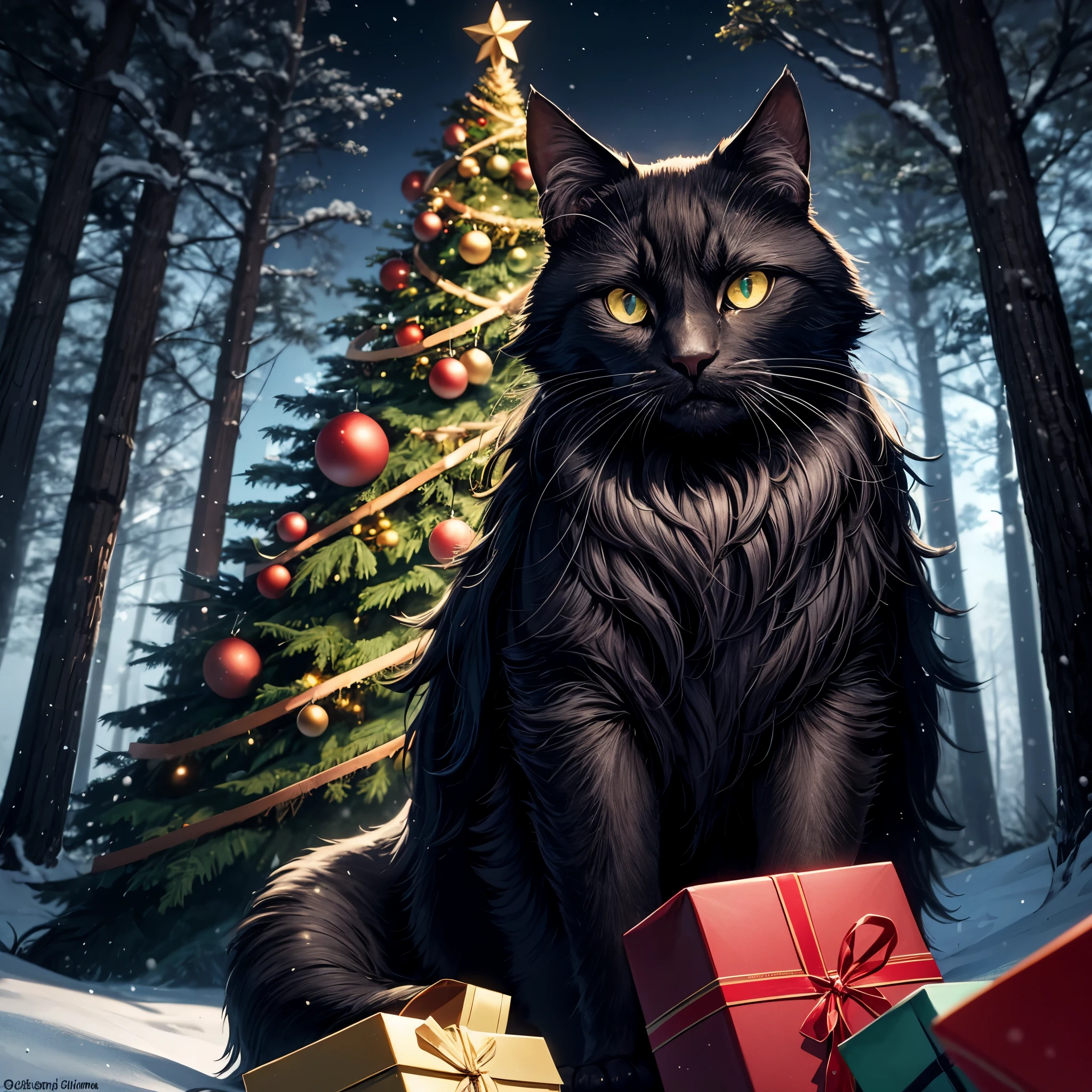 A huge, decorated Christmas tree in a snowy forest at night. Presents beneath. A shaggy black supernatural cat with glowing blue eyes. Masterpiece and detailed. Fantasy.