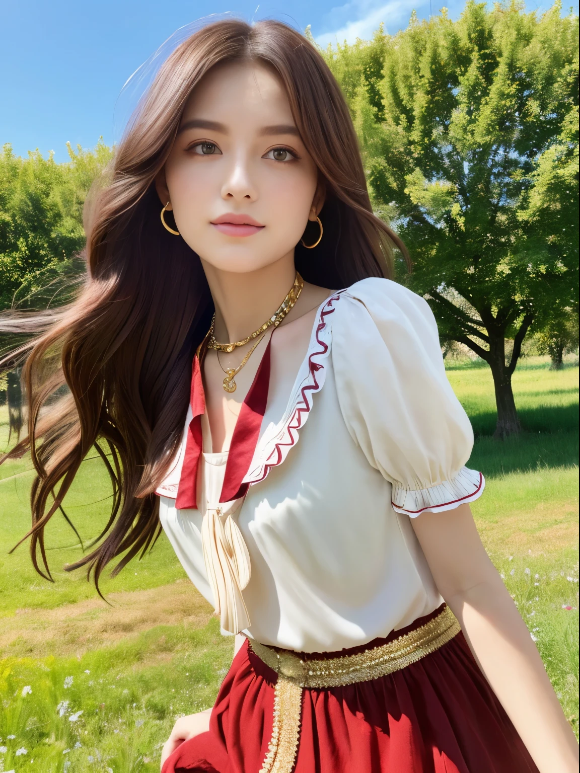 Ultra high-definition images,maroon eyes、gypsy with chestnut hair, White blouse with gold medal and red skirt with ruffles, seashell necklace.The background is a majestic grassland and blue sky.,