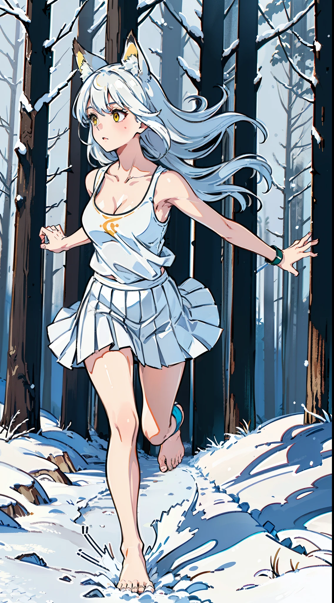 1girl,solo,medium breasts,mature female,((white sleeveless and shoulderless t-shirt,cleavage)),(((white pleated skirt,bare feets))),silver hair,long hair,yellow eyes,fox ears,((snow,in forest)),(((running,from front))),full body