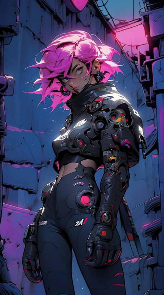 Color Portrait of a young girl, very , modern style, comic book, cyberpunk, future, color fill, rich colors. Very graceful, standing half-turned, sporty posture, looking at the viewer. Tattoos on the body, fashionable short dresses, devices on the body. 2_The background depicts a majestic city of the future, an evening city, lights, illumination, and robots. 3_High image quality, 4K | Ultra HD | Full HD, cinematic comic book, 3D visualization_in comic book style - linear stroke, color fill, high-quality stroke - a masterpiece, TOP computer graphics ART. 8K, dark lighting, heavy shading. (vivid, anime, comic, creative, sharp focus, 8K). High detail of the drawing, lines, high-quality background (shades of cool tones, red, warm highlights, side lighting), Architecture, cyberpunk, futurism. Film grains, dust, and particles in the air.