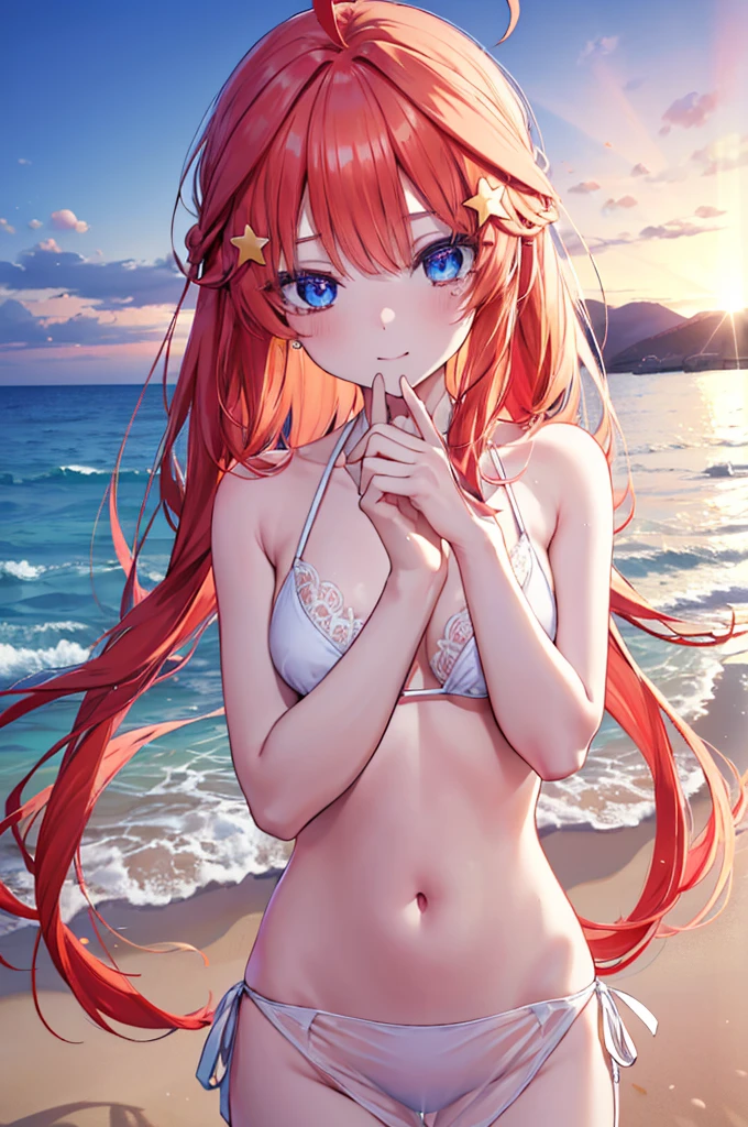 Satsuki Nakano, Itsuki Nakano, Bangs, Blue eyes, hair between eye, Ahoge, Red hair, Braid hair,Star \(symbol\), Hair Ornament, Star hair ornament、,B Leak point:1.2), Best Quality, High resolution, Unity 8k壁纸, (Illustration:0.8), (Beautiful detailed eyes:1.6), red blush,a smile,extra detailed face, Perfect Lighting, extremely details CG, (Perfect hands, Perfect Anatomy),Bikini swimwear,Wrap a thin cloth diagonally around your waist.,hair adornments(hibiscus),sea side,sand beach