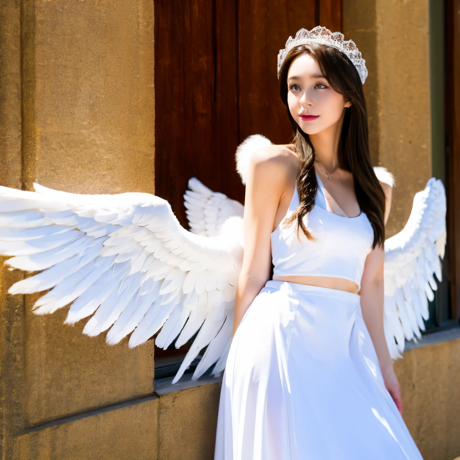 Beautiful European and American girl with white wings
