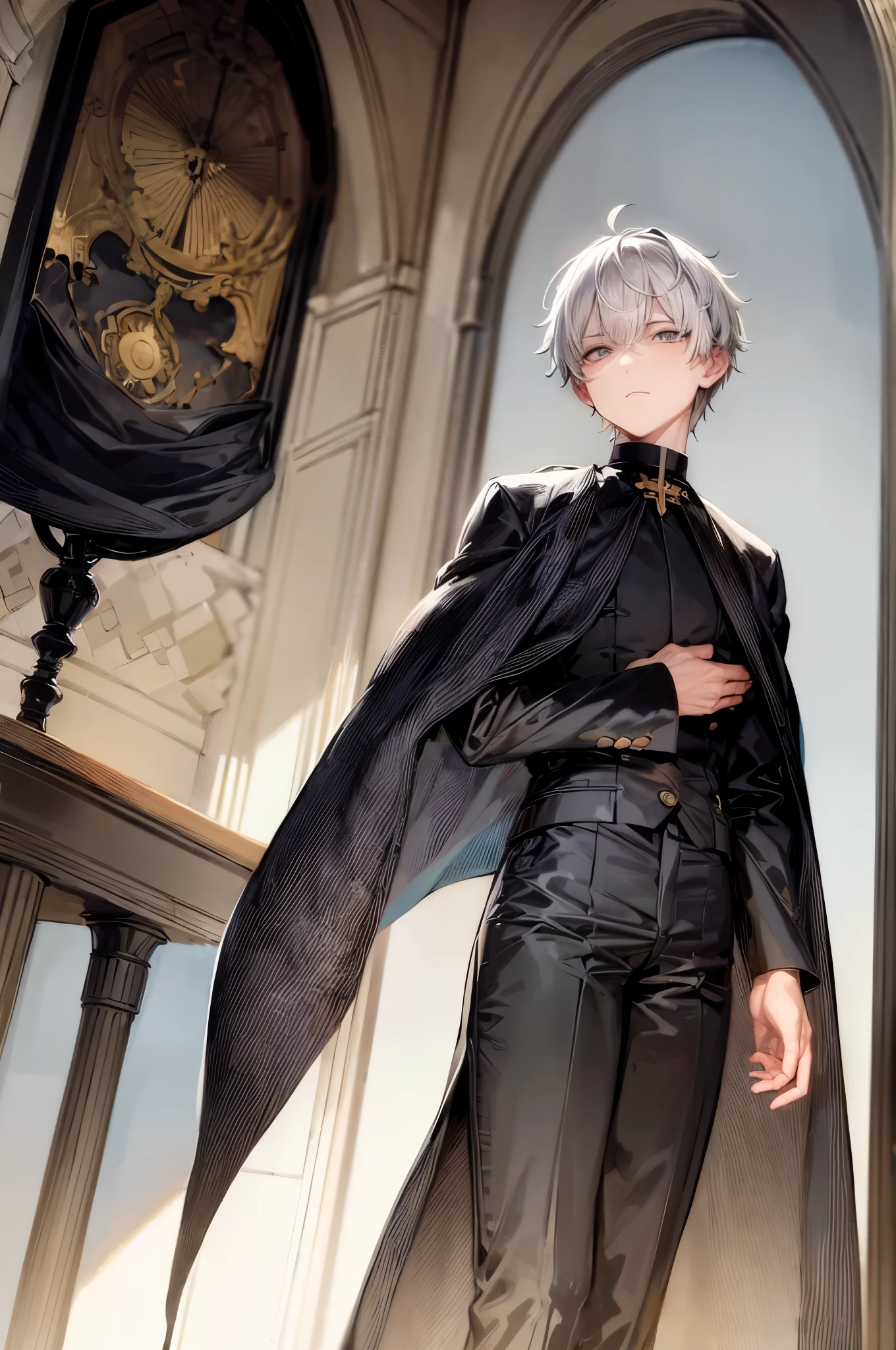 (flat color:1.1),(masterpiece:1.2), best quality, masterpiece, original,short white hair, ( male:1.2),(dark eye bags:1.2), mature yet tired handsome man, wearing a priest outfit