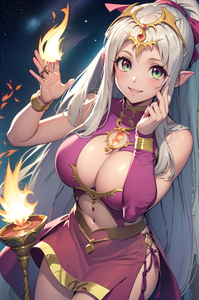 Illustration, 1girl, (((fate/kaleid liner prisma illya))), ((((tiki (fire emblem) )))), ((((irisviel von einzbern)))), (((manakete))), (((fusion))), (((agglutination))), Combination, (((hembra madura))), (((manos en los pechos hipig))), (((hombros estrechos))), (((cintura estrecha))), (((They are smiling))), Cabello largo, enorme, Jardin de un castillo, (((gigantic breasts))), (((mature female))), Obra maestra, mejor calidad, ((Obra maestra)), ((mejor calidra descarrilado)), Parte superior del cuerpo, {{{agglutination}}}, Pose con las manos en las caderaira la cara de la persona))), (((mirada cara a cara))),