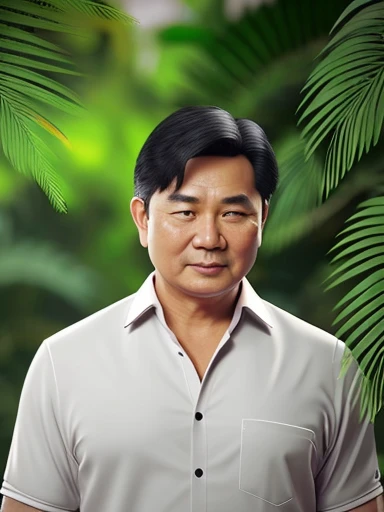 3D photorealistic A middle-aged Thai man with a round, oval face, plump cheeks, white skin, half double eyelids, a high, puffy nose, a chubby mouth, a stylish hairstyle, modern fashionable shirts with beautiful artistic designs, good looking and expensive. He held out his hand to let a brown-orange-light orange eagle with beautiful and intricate feather patterns cling to his hand. wearing a red ring The background is the Amazon forest with bokeh. The leaves are not close up and there are large, clear water droplets on the leaves.