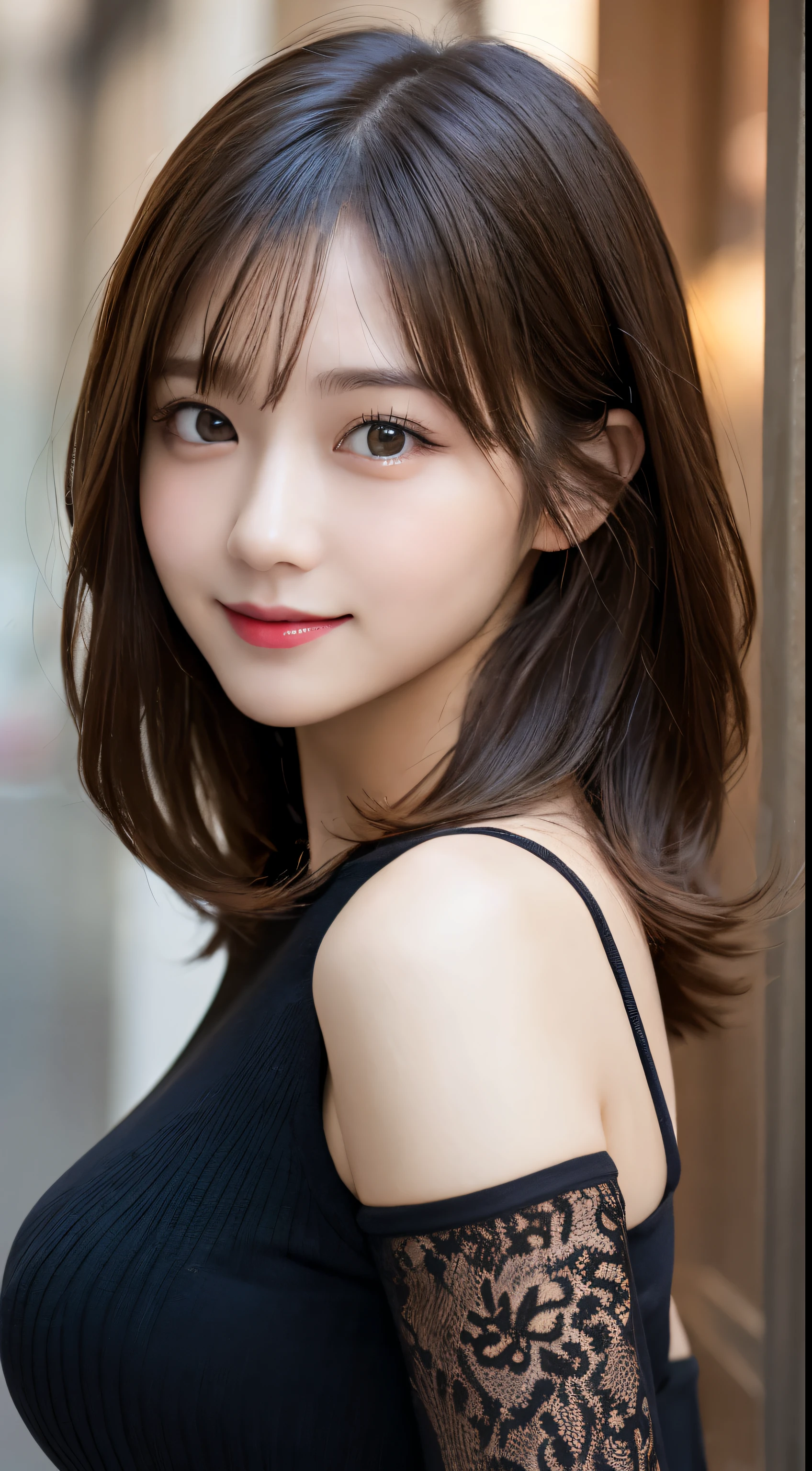 masutepiece, Best Quality, Illustration, Ultra-detailed, finely detail, hight resolution, 8K Wallpaper, Perfect dynamic composition, Beautiful detailed eyes, Elegant winter clothes,Medium Hair,Small breasts natural color lip, Bold sexy poses,Smile、20 years girl、Cute、Sexy look looking at the camera,natta,beautifull detailed face,Classy face,Perfect and beautiful face,Slim face and body,Spread your arms wide、Background blur