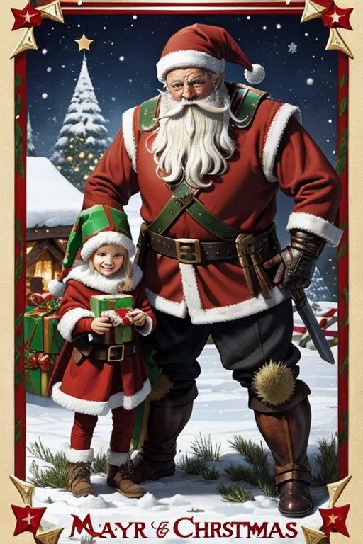 A Christmas Postcard, with medieval fantasy Armoured Santa Claus, goblins helping him and a lot of presents