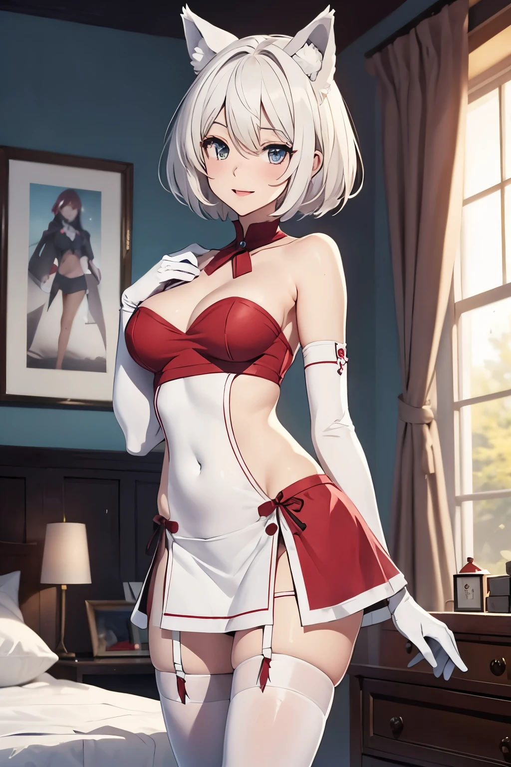 masutepiece　high-level image quality　最high-level image quality　8K　 adult lady　Portrait　Long gloves in white（（blanche）（Long gloves））　stockings（（パンティstockings）（blanche））　Santa Costumes（（Tube Top）blanche）a miniskirt）　Wolf ears　shorth hair（（short-cut）（White hair）（perm）（fluffly））　Eye color is blue　Face（（A smile）（Opening Mouth）（Red cheeks））　（（natta）（Bedroom）　is standing