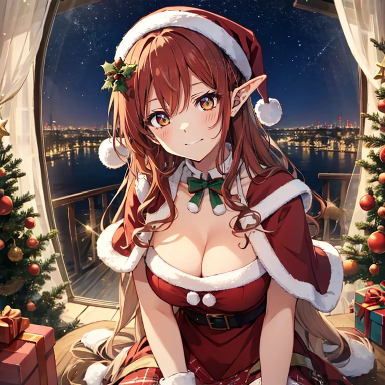 ​masterpiece、super precision、独奏、Beyond Omi、absolute reference to center、A smile、red color hair、[3D images:1.25],[[Attractive eyes,A detailed eye、radiant eyes, Colorful eyes:1.1]],Absolute references、Cowboy Shot,(Fine fingers:1.1)、front-facing view、8ＫImagen、night view from inside the room、nigh sky、Cute red and white dress、Hair Ribbon、gloves、Christmas、red capelet、santa hat、Dresses in Christmas colors、KanataKonoe, elf ears, boobs