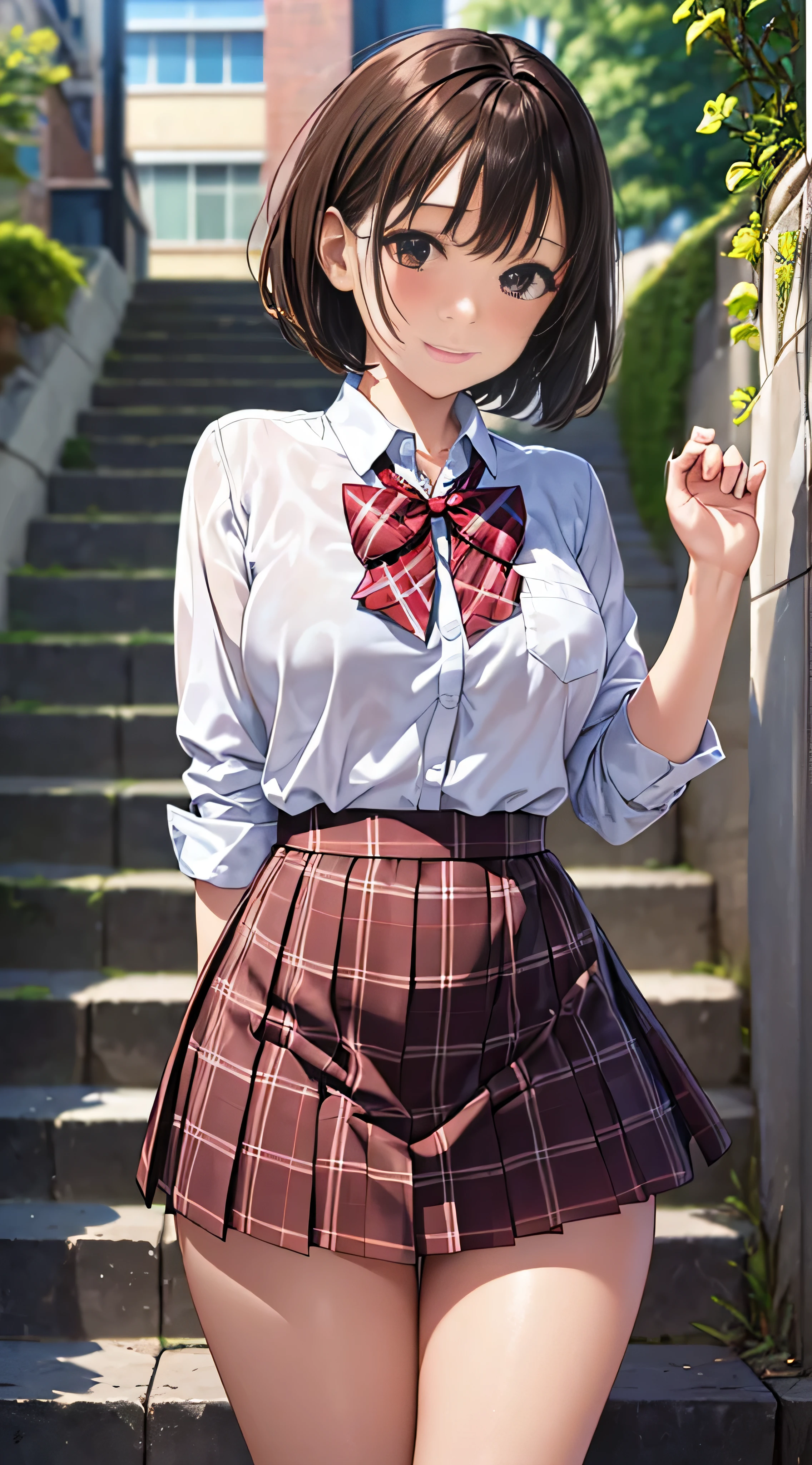 ((masutepiece, Best Quality, hight resolution, nffsw, Perfect Pixel, 4K, nffsw, nffsw))), 1girl in, Single, Solo, Beautie、full body seen、 ((Short Wave Hair, Bangs, Brown hair)), ((Brown-eyed, Beautiful eyelashes, Realistic eyes)), ((Detailed face, Blushing:1.2)), ((Smooth texture:0.75, Realistic texture:0.65, Photorealistic:1.1, Anime CG style)), medium breasts, Dynamic Angle, Perfect body, ((red bowtie, School uniform, , White shirt, Black skirt, plaid skirts)), City staircase、Looking up from the bottom of the stairs、Very embarrassing panic smile、Open your mouth and make a surprised face、 turned around、bending forward、(The wind flipped my skirt and exposed my butt................................、stick out your butt、Touching the buttocks with both hands、Pink lace panties)、