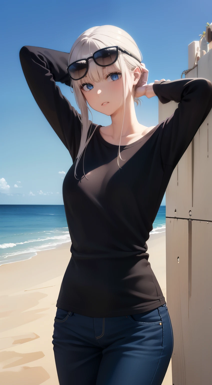 ((best quality)), ((master part)), ((Realistic)), ((best quality)), ((master part)), ((Realistic)), Menina que caminha no deserto, parecendo cansado, vestindo roupas largas, long-sleeved shirts and pants, kalap, sun glasses, muito lindo, in a natural and casual style at eye level, Scenic, master part, (Altas), Original, extremely detalheed 8K , (photoRealistic:1.4),impeccable face, olhos perfeitos,forma do corpo symmetrica,sorrir,