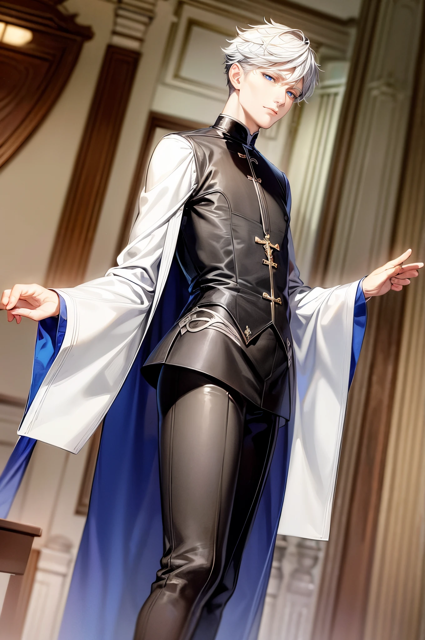 (flat color:1.1),(masterpiece:1.2), best quality, masterpiece, original,short white hair, (mature elegant and handsome man with blue eyes:1.2), wearing priest outfit