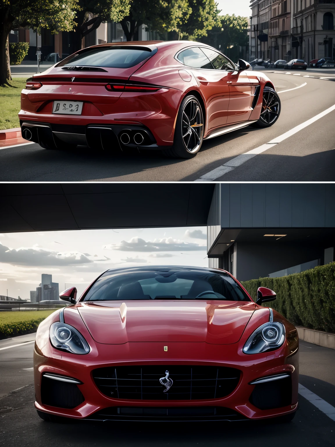 sedan concept car that combines styling from the ferrari roma, porsche panamera and aston martin db12 , digital art. Headlights are ferrari roma inspired, body work is porsche panamera inspired and rear view is aston martin inspired