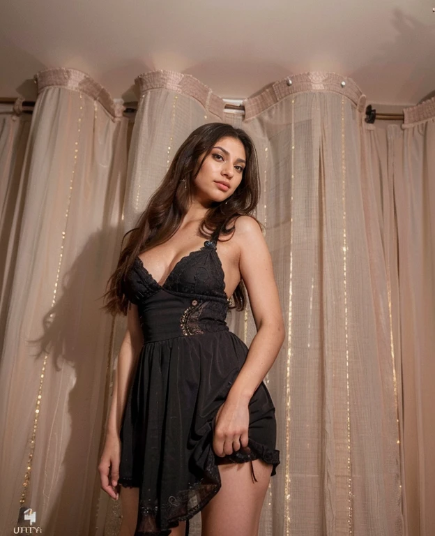 (Best quality, Ultra-detailed, Masterpiece:1.5), photograph of a beautiful pakistani woman, The woman should have a flawless, highly detailed face with soft, luminous skin. Her long hair should be naturally brown and stylishly arranged. (Perfect Eyes:1.2), double eyelids, photo-realistic:1.5), 8K UHD, high budget, trendy black dress, full body, thick thighs,