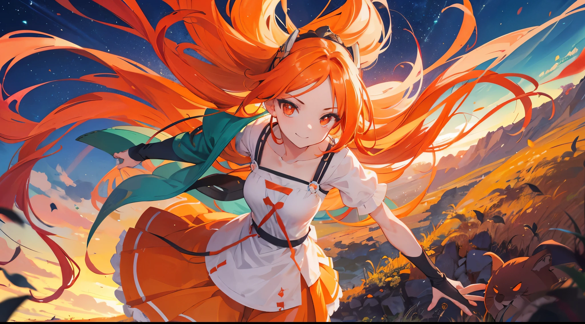 toma frontal muy cercana de una chica con cabello naranja, sonriendo en el campo por la noche, anime, estilo Studio Ghibli, 8k, high resolusion, camera movement to the right, cinemactic