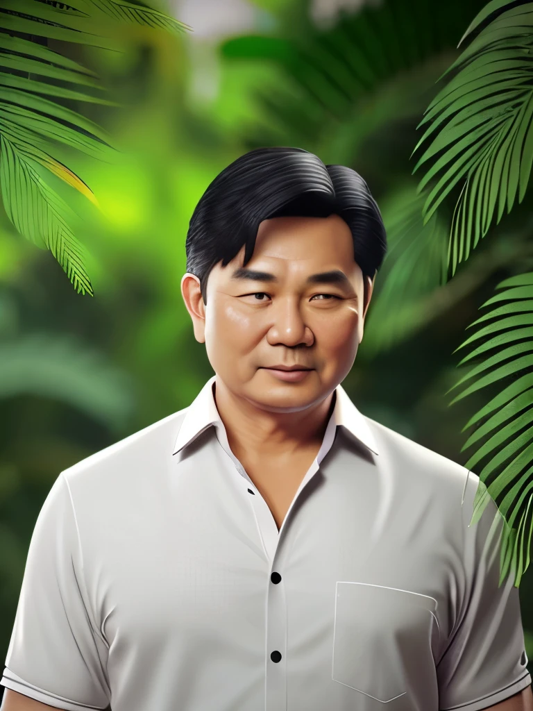 3D photorealistic A middle-aged Thai man with a round, oval face, plump cheeks, white skin, half double eyelids, a high, puffy nose, a chubby mouth, a stylish hairstyle, modern fashionable shirts with beautiful artistic designs, good looking and expensive. He held out his hand to let a brown-orange-light orange eagle with beautiful and intricate feather patterns cling to his hand. wearing a red ring The background is the Amazon forest with bokeh. The leaves are not close up and there are large, clear water droplets on the leaves.