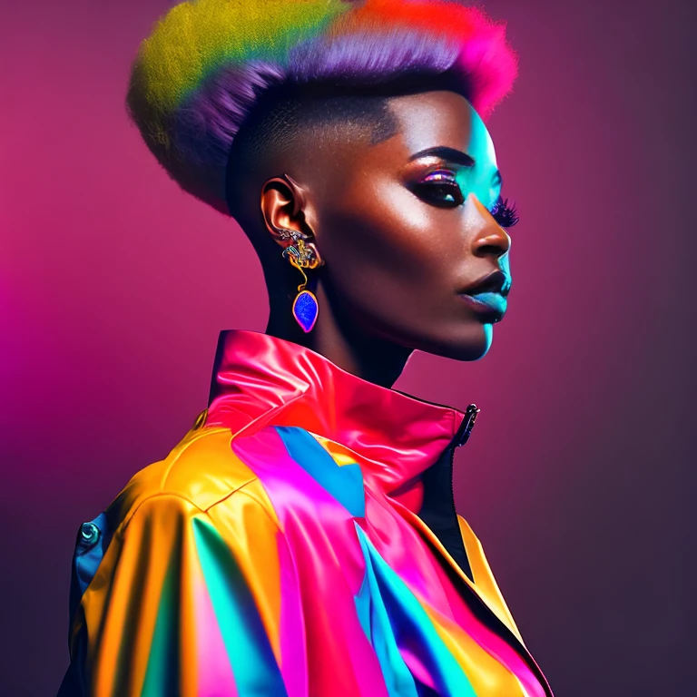 African women、eye glass, well-cut cone-shaped hair、A style with well shaved sides、It&#39;s a crazy style of 0&#39;s work., earrings, Colorful track extra latex jacket, glamour da cor do sportrait, sportrait colorido detalhado, sportrait de alta qualidade, neon color sangrar, Colorful portrait, color studio portrait, UV rays and neon colors, full color illustration, vibrant colors hyper realism, 鮮やかなneon color, Pop and vibrant colors, colorful fashion, neon color, Cyberpunk-inspired colors, Rainbow illustration(Best Quality,alto,ultra-detailliert,Realistic:1.37),sportrait,female character,red latex military jumpsuit,(tight fitted,collapse,准确,exquisite),Solid bottom shaved side hair short top, black pixie undercut haircut, Natural hair, Curly and short hair, Shaved sides, short hair on both sides of the head,, short black hair with gel, black short curtain hairstyle, curly black short hair, Smoothing of defined contours