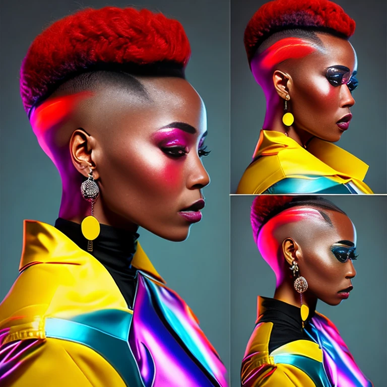 African women、eye glass, well-cut cone-shaped hair、A style with well shaved sides、It&#39;s a crazy style of 0&#39;s work., earrings, Colorful track extra latex jacket, glamour da cor do sportrait, sportrait colorido detalhado, sportrait de alta qualidade, neon color sangrar, Colorful portrait, color studio portrait, UV rays and neon colors, full color illustration, vibrant colors hyper realism, 鮮やかなneon color, Pop and vibrant colors, colorful fashion, neon color, Cyberpunk-inspired colors, Rainbow illustration(Best Quality,alto,ultra-detailliert,Realistic:1.37),sportrait,female character,red latex military jumpsuit,(tight fitted,collapse,准确,exquisite),Solid bottom shaved side hair short top, black pixie undercut haircut, Natural hair, Curly and short hair, Shaved sides, short hair on both sides of the head,, short black hair with gel, black short curtain hairstyle, curly black short hair, Smoothing of defined contours