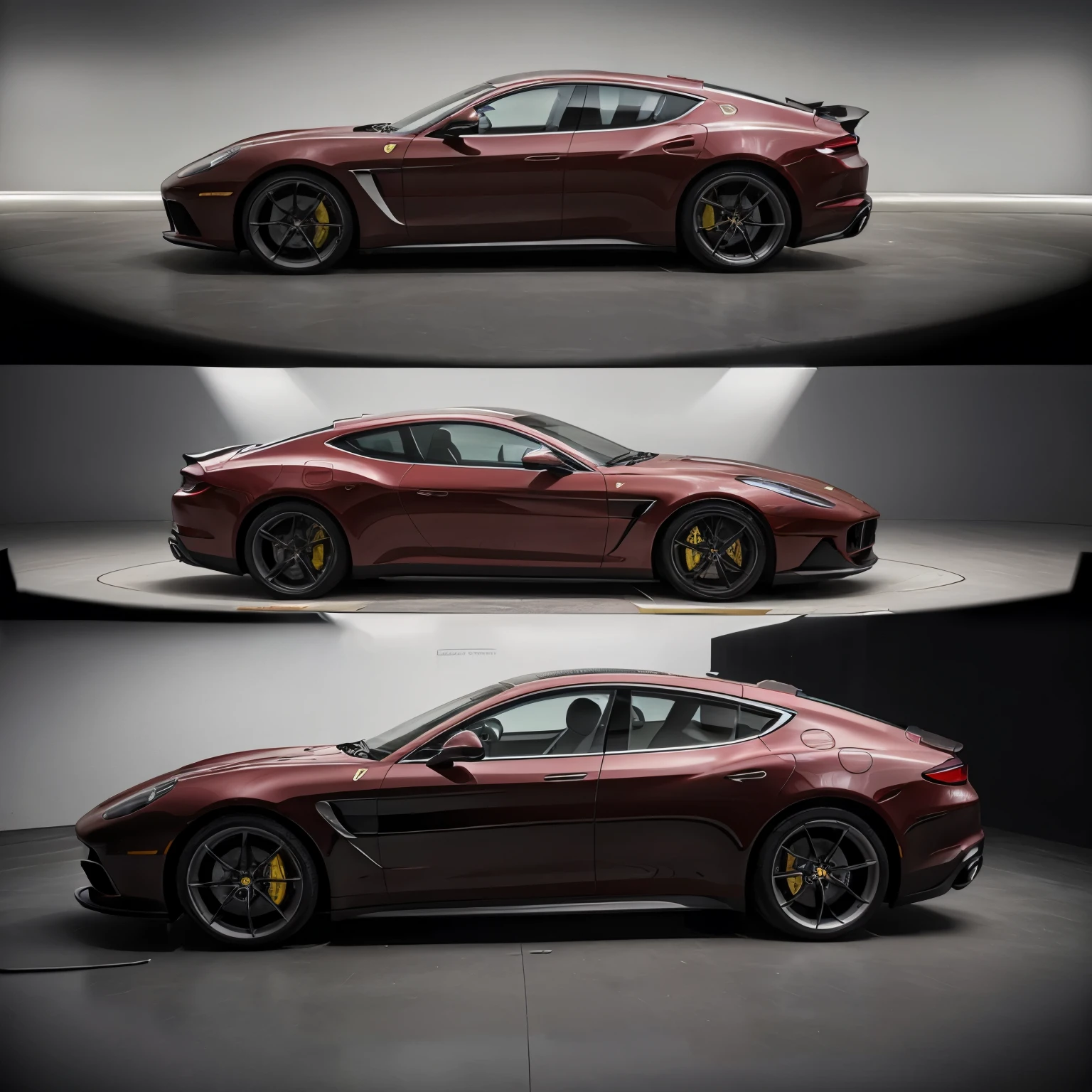 A luxury sedan concept car that combines styling from the ferrari roma, porsche panamera and aston martin db12 , concept sketches, digital art. Headlights are ferrari roma inspired, body work is porsche panamera inspired and rear view is aston martin inspired. Multiple views