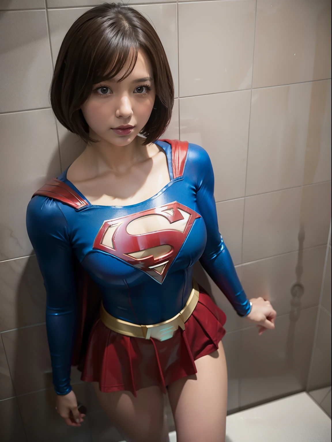 masterpiece、Short-haired Supergirl trapped in shower room、large full breasts、Looking at the camera、Glossy costume